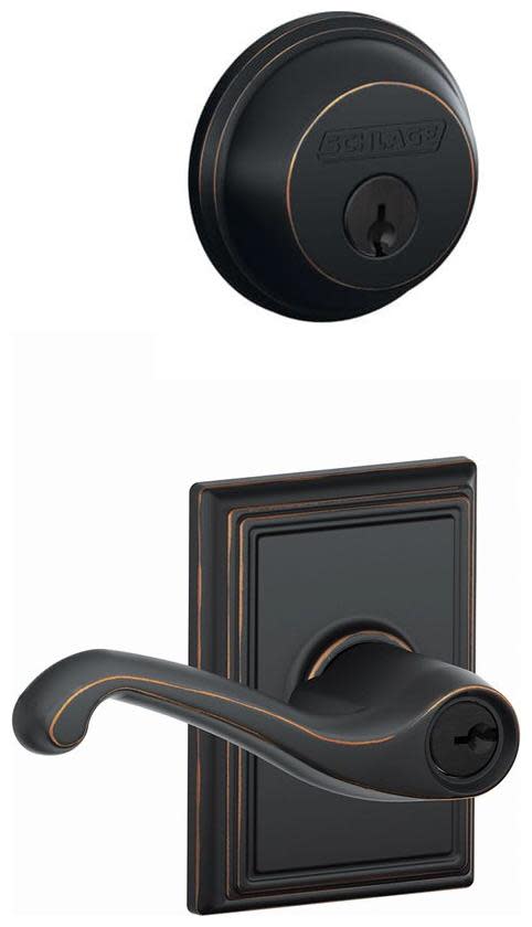 Schlage FB50-FLA-ADD Flair Single Cylinder Keyed Entry Door Lever Set and Deadbolt Combo with Addison Rose Aged Bronze Door Hardware Door Lever Combo