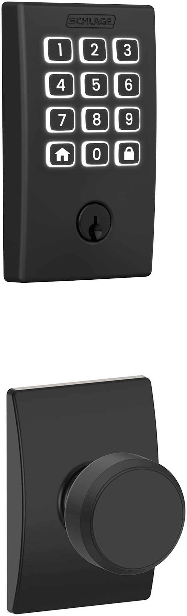 Schlage FBE459WB-CEN-BWE-CEN Arrive Keyless Entry Deadbolt and Bowery Knob Combo Pack with Decorative Century Trim Matte Black Door Hardware Door Knob