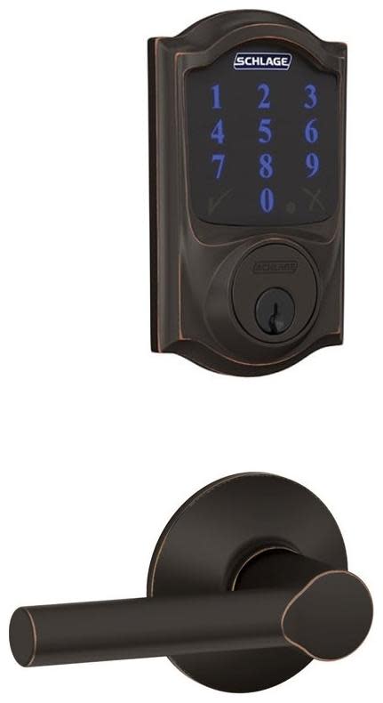 Schlage FBE469-CAM-BRW Connect Camelot Touchscreen Deadbolt with Built-in Alarm and Passage Broadway Lever Aged Bronze Door Hardware Door Lever Combo