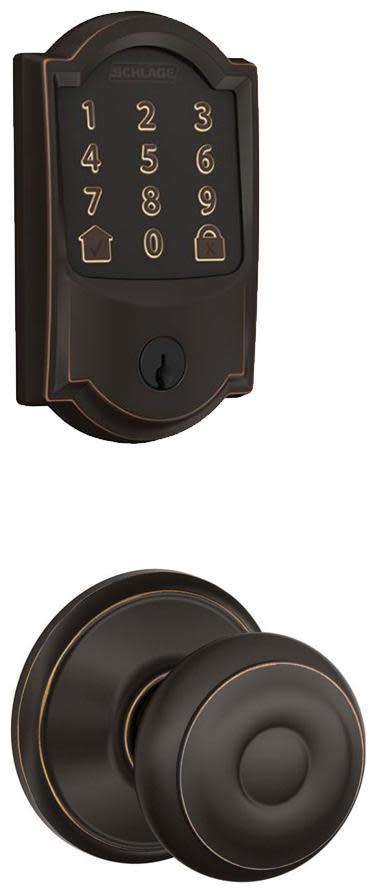 Schlage FBE489WB-CAM-GEO Encode WiFi Enabled Electronic Keypad Deadbolt with Camelot Trim and Georgian Knob Set Aged Bronze Door Hardware Door Knob