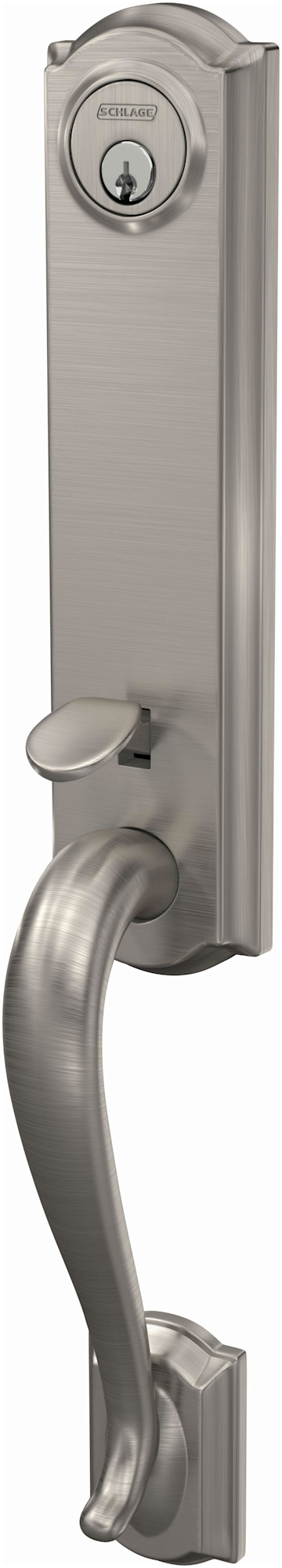 Schlage FCT58-CAM Custom Camelot Keyed Entry Single Cylinder Half Plate Handleset - Exterior Only Satin Nickel Door Hardware Handlesets Keyed Entry
