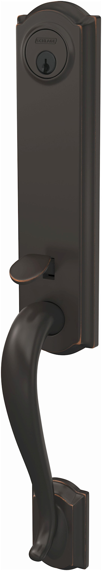 Schlage FCT58-CAM Custom Camelot Keyed Entry Single Cylinder Half Plate Handleset - Exterior Only Aged Bronze Door Hardware Handlesets Keyed Entry