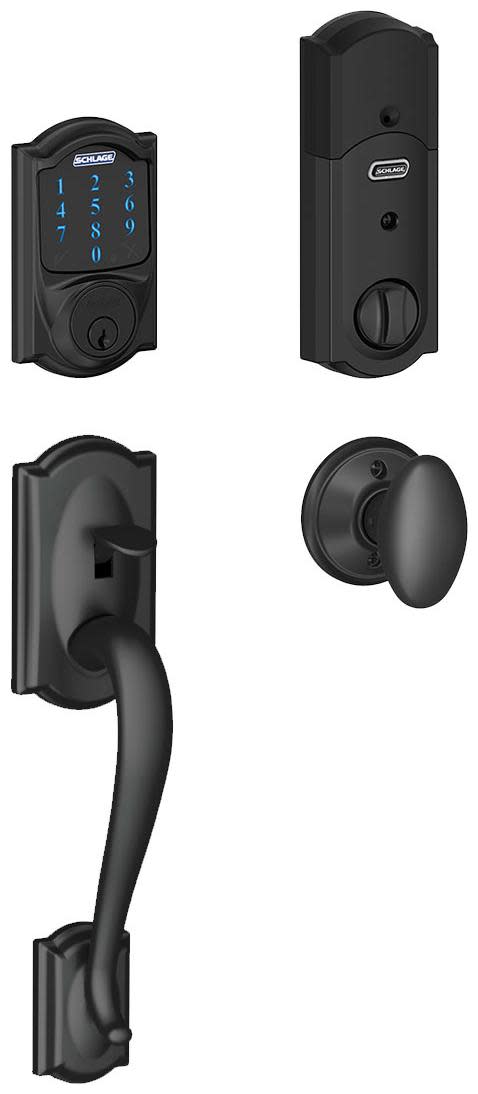 Schlage FE469NX-CAM-SIE Connect Camelot Touchscreen Handleset with Interior Siena Knob and Built-In Alarm Matte Black Door Hardware Handlesets Keyless