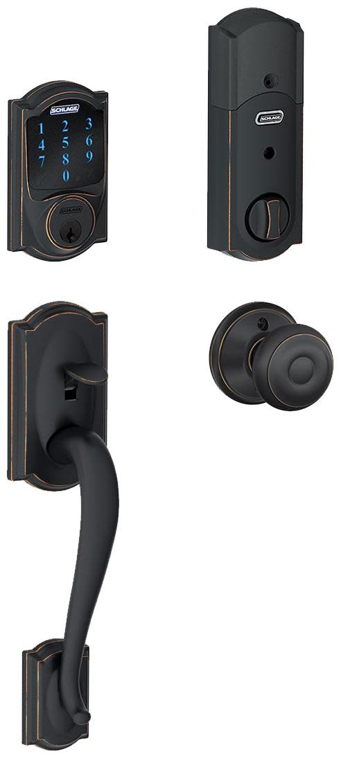 Photos - Door Handle Camelot Schlage FE469NX-CAM-GEO Connect  Touchscreen Handleset with Georgian Knob and Built-in Alarm Aged Bronze Door Hardwar 