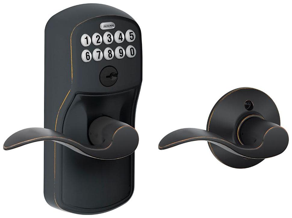 Photos - Door Handle Accent Schlage FE575-PLY-ACC Plymouth Keypad Entry Auto-Lock Door Knob Set with  Lever Aged Bronze Door Hardware Door Levers 