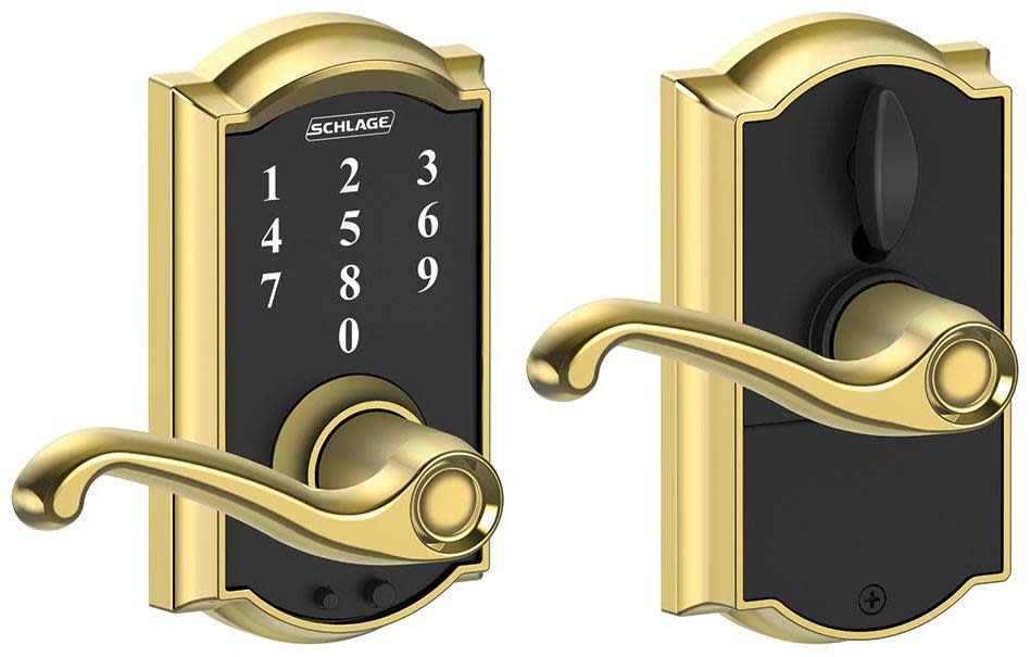 Photos - Door Handle Camelot Schlage FE695-CAM-FLA  Touch Entry Leverset with Flair Lever Bright Brass Door Hardware Door Levers Keyless Entry Doo 