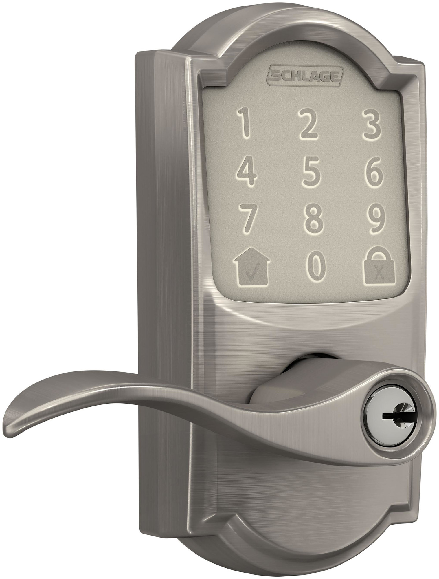 Photos - Door Handle Accent Schlage FE789WB-CAM-ACC Encode WiFi Enabled Electronic Keypad  Door Lever with Camelot Trim Satin Nickel Door Hardware 