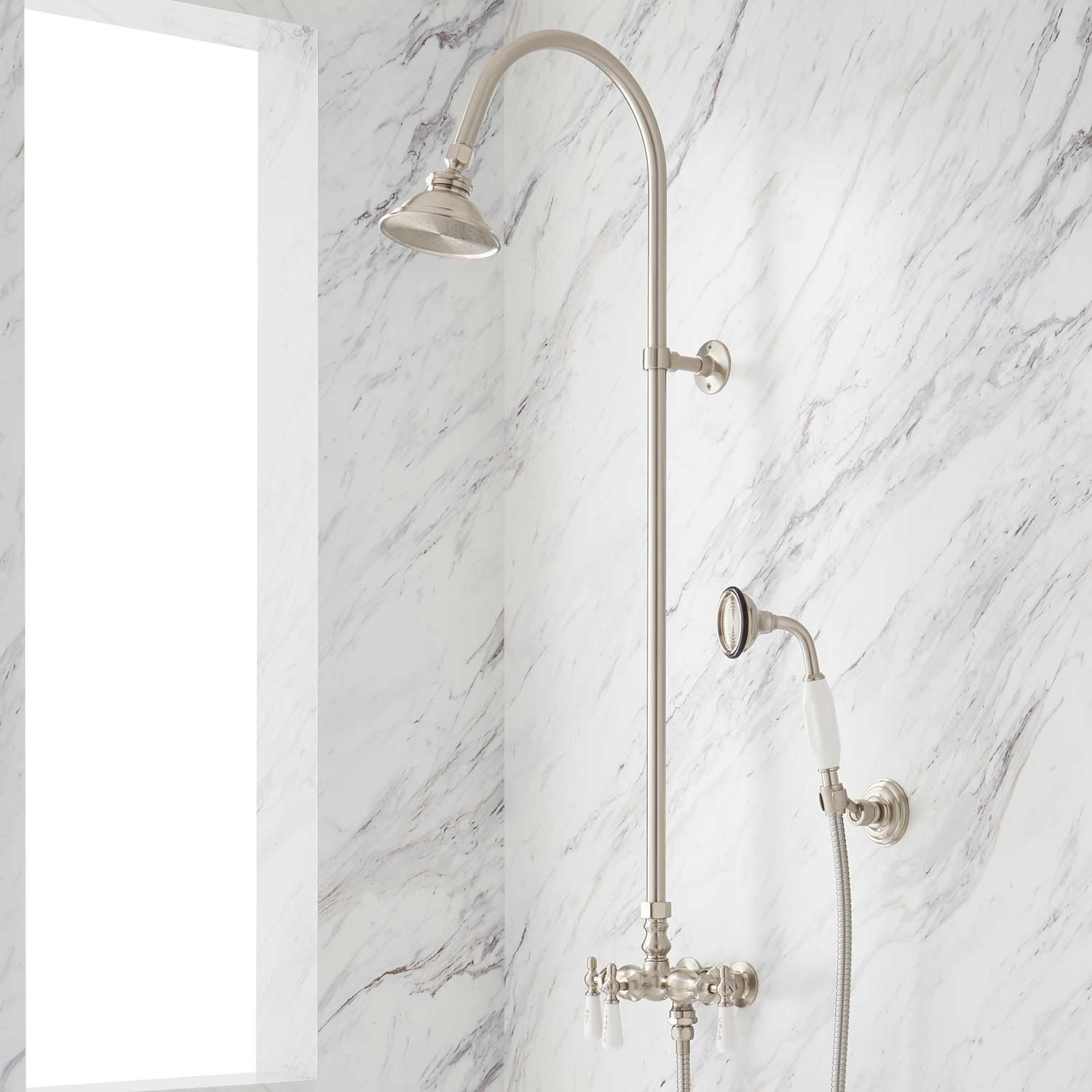 Photos - Shower System Signature Hardware 902867 Baywood Exposed Pipe  with Shower Head Hand Shower and Hose Brushed Nickel Showers Sh 