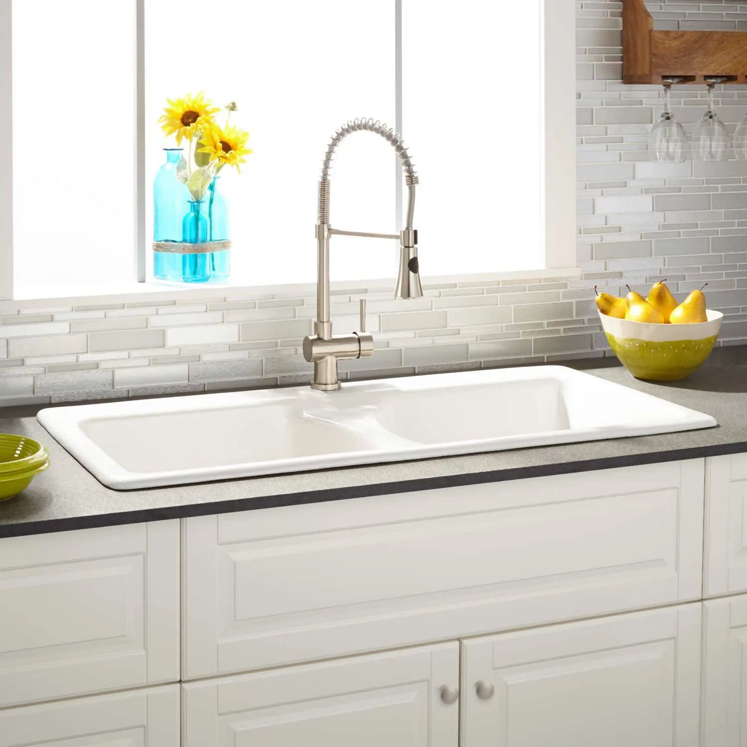 Photos - Kitchen Sink Signature Hardware 936612-43-1 Selkirk 43" Drop In Double Basin Cast Iron  with Single Faucet Hole White Sinks K 
