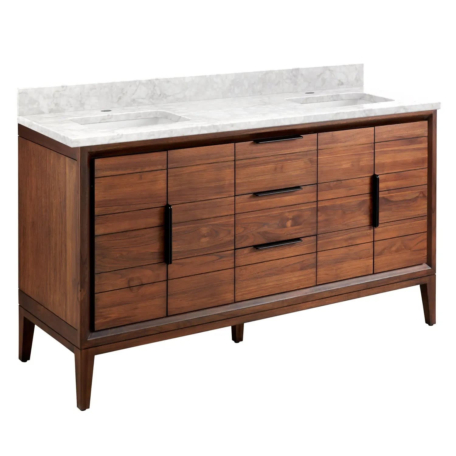 Photos - Washbasin cabinet Signature Hardware 953344-60-RUMB-1 Aliso 60" Freestanding Teak Double Basin Vanity Set with Cabinet Vanity Top and Rectangu 