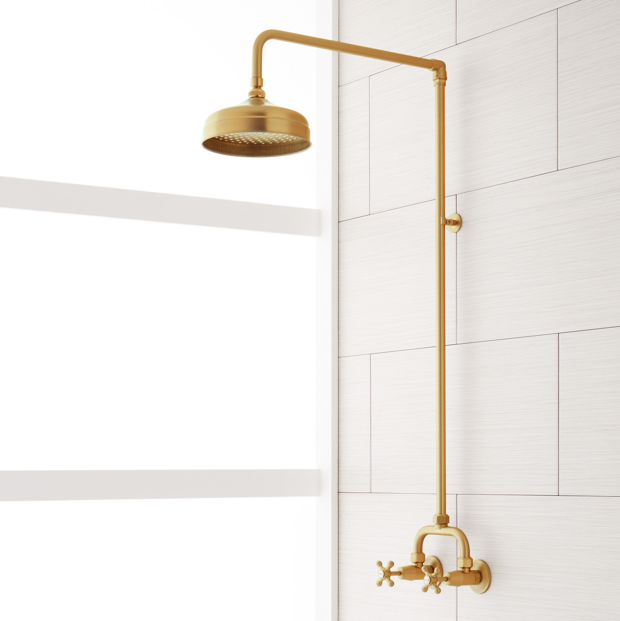 Signature Hardware 922235 Baudette Exposed Pipe Shower System with Rainfall Shower Head Shower Arm and Cross Handles Brushed Gold Showers Shower