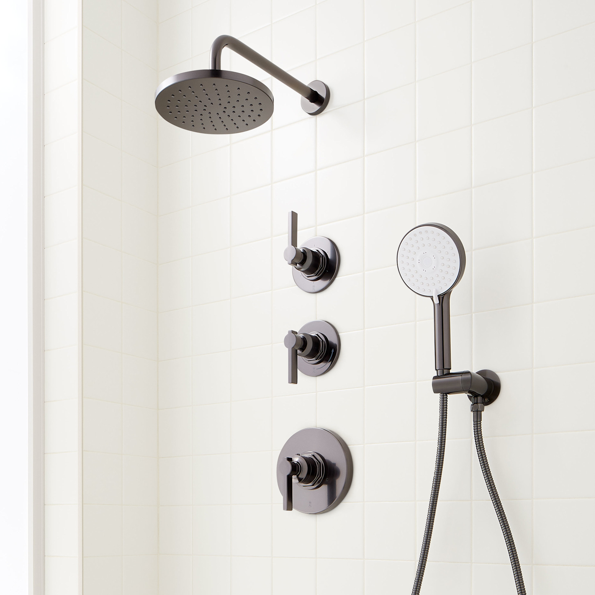 Photos - Shower System Signature Hardware 953971 Greyfield Thermostatic  with Rainfall Shower Head Hand Shower Hose Valve Trim and Div 