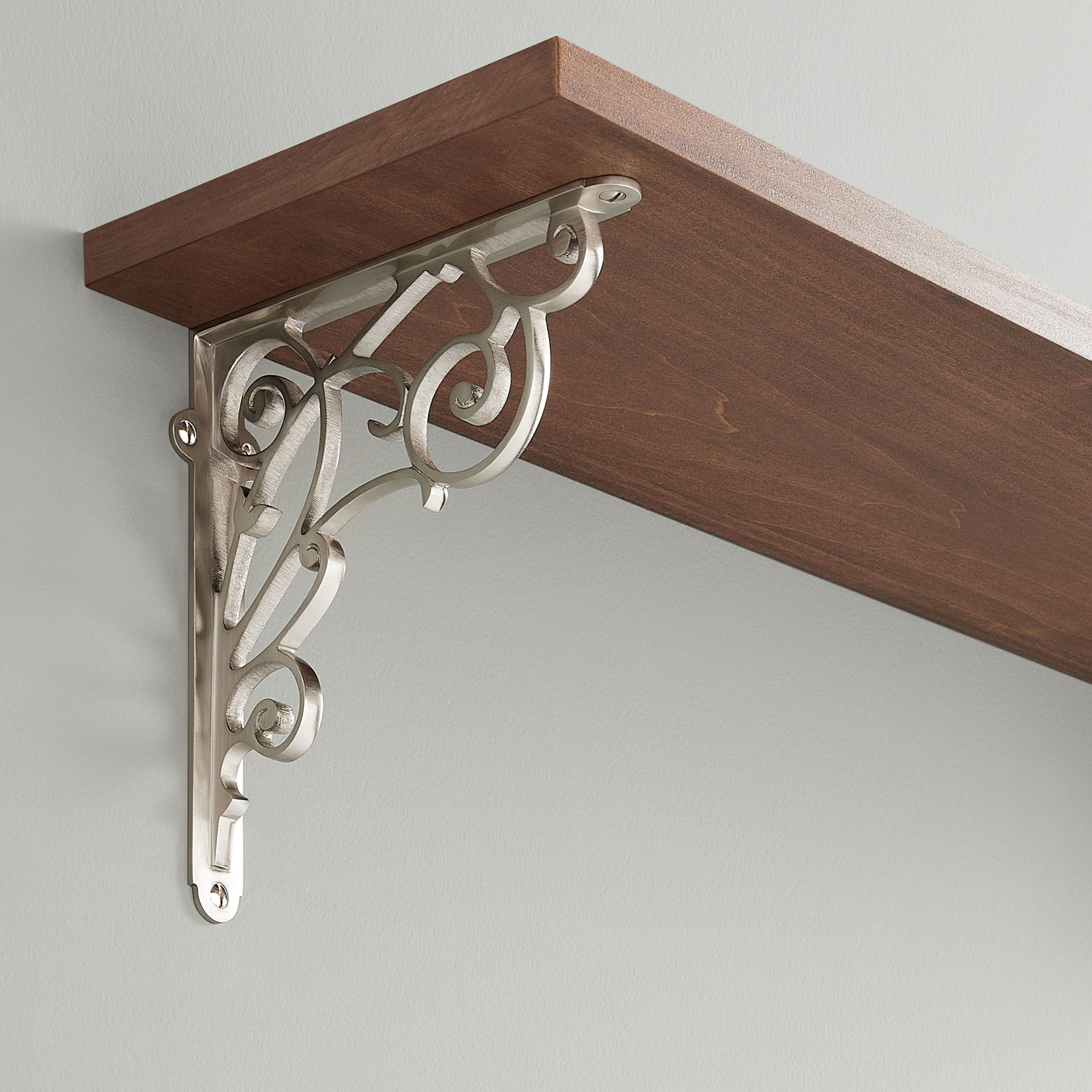 Signature Hardware 955215-7 7-1/8" Lienna Scrollwork Brass Shelf Bracket Brushed Nickel Furniture Hardware Shelving Bracket