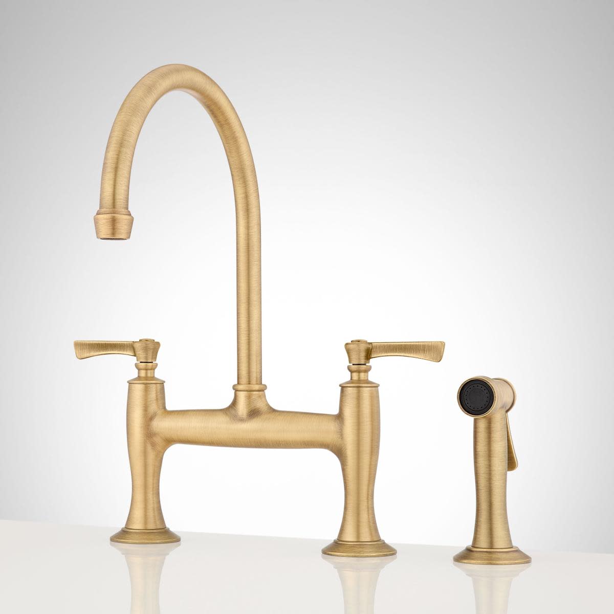 Photos - Tap Signature Hardware 955266 Marceau 1.75 GPM Double Handle Bridge Kitchen Faucet with Side Spray Aged Brass Faucet Kitchen Dou 