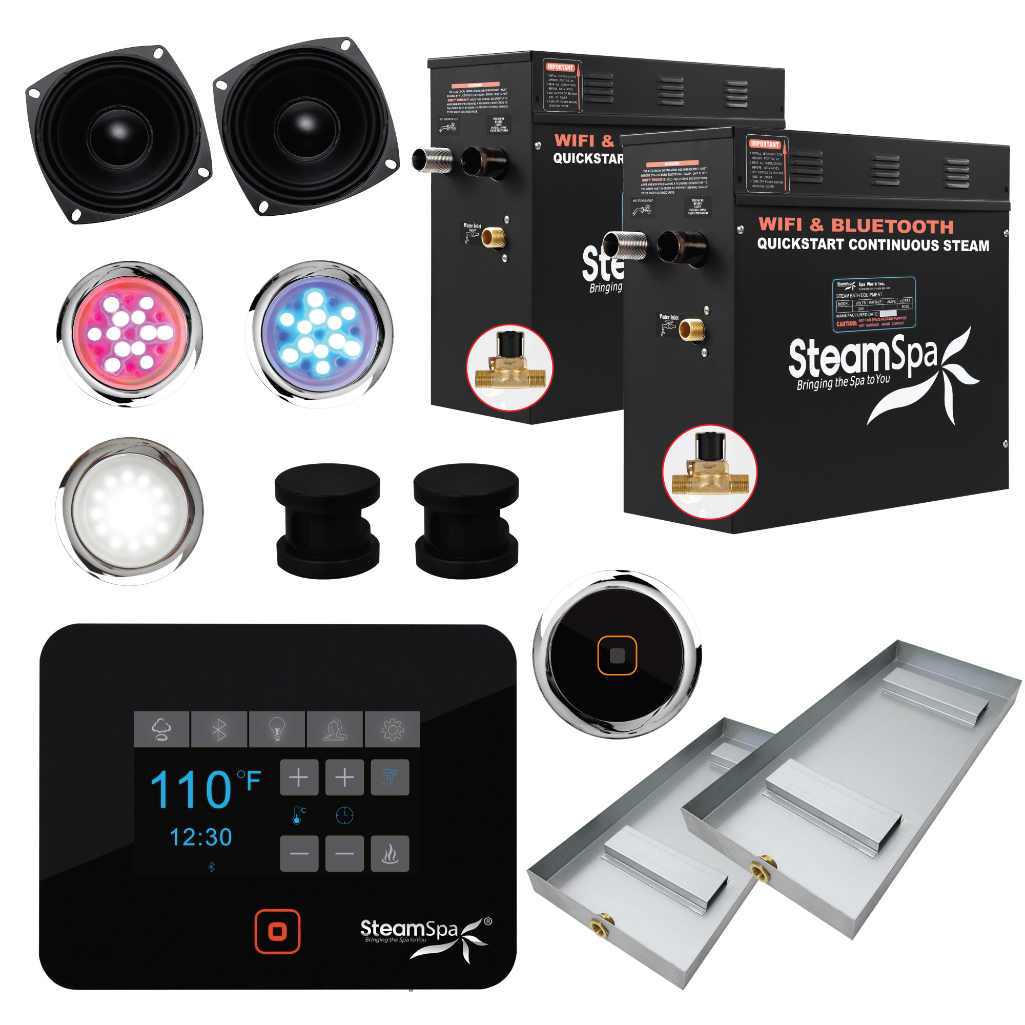 SteamSpa BKT1500-A Black Series Wifi and Bluetooth 15kW QuickStart Steam Bath Generator Package Matte Black Steam Showers Steam Shower Components