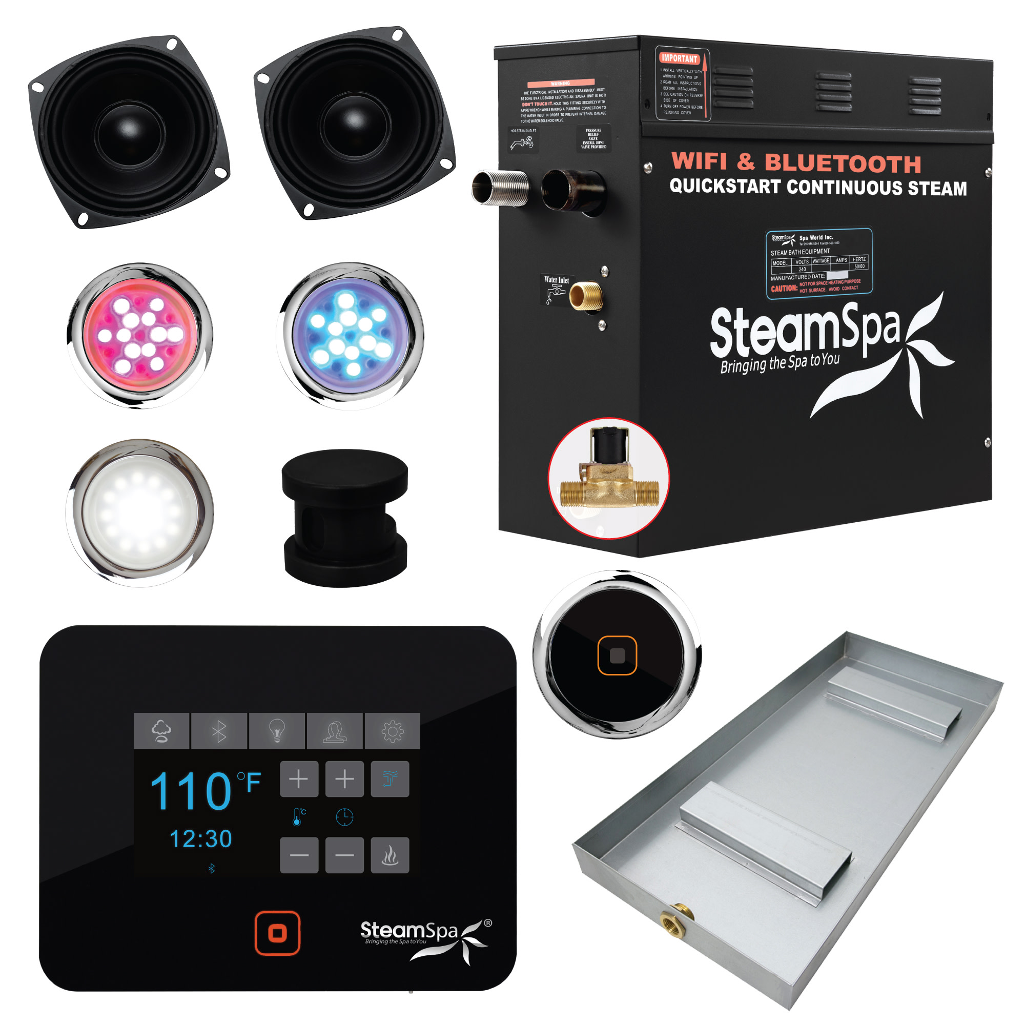 SteamSpa BKT600-A Black Series Bluetooth/WiFi 6kW QuickStart Steam Bath Generator Package Matte Black Steam Showers Steam Shower Components Steam