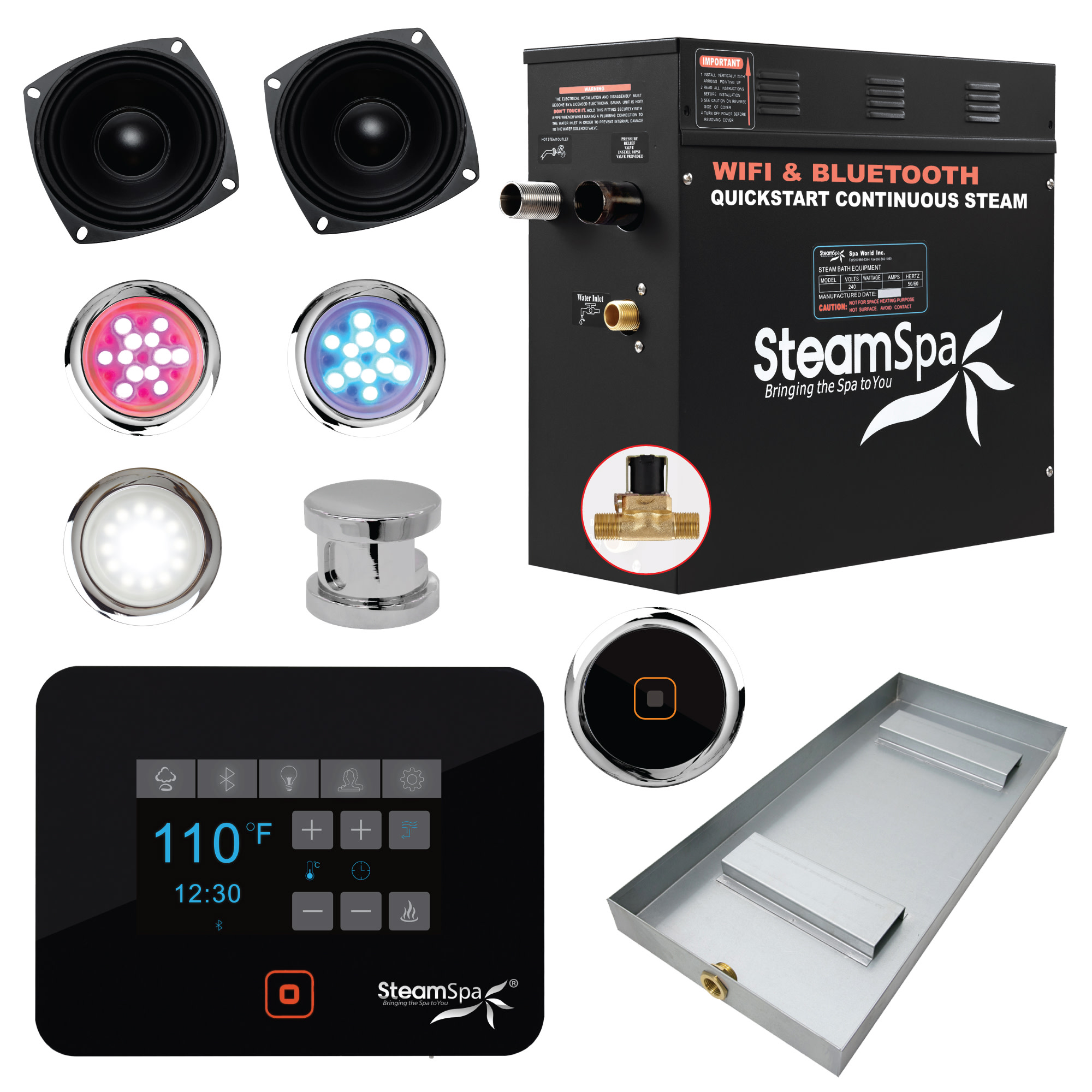 SteamSpa BKT750-A Black Series Bluetooth/WiFi 7.5kW QuickStart Steam Bath Generator Package Chrome Steam Showers Steam Shower Components Steam