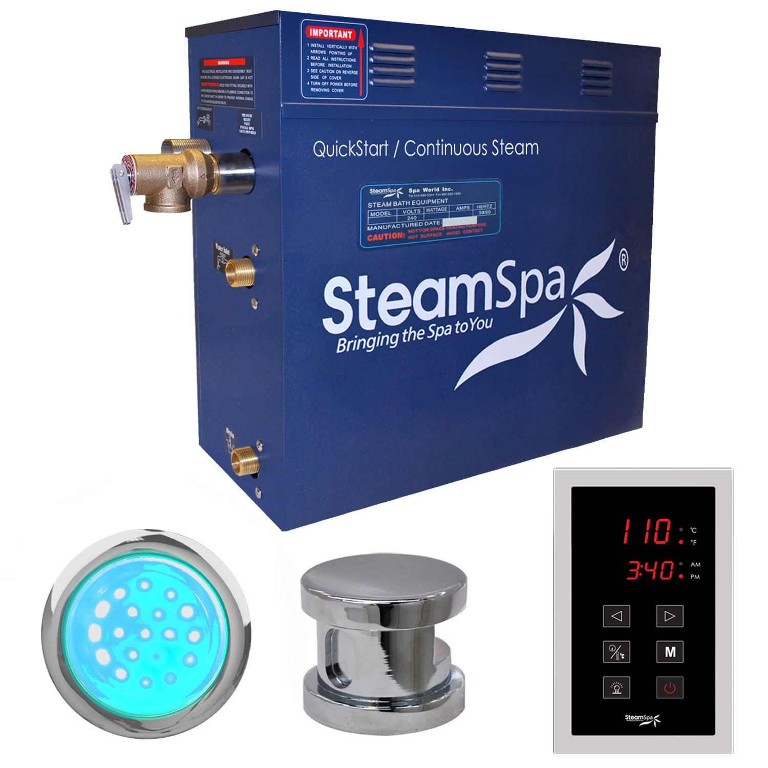 SteamSpa INT750 Indulgence 7.5 KW QuickStart Steam Bath Generator Package Polished Chrome Steam Showers Steam Shower Kits Residential