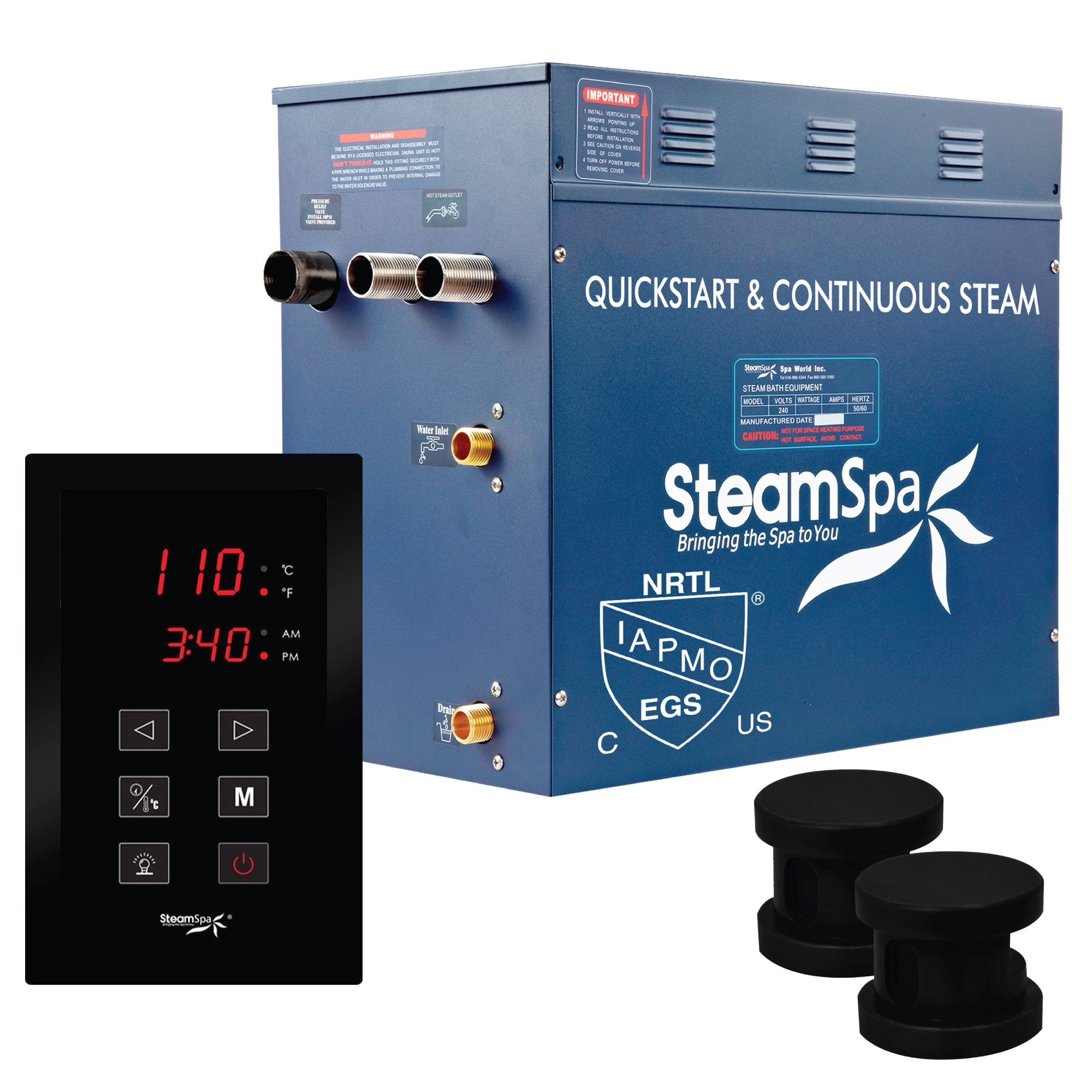 SteamSpa OAT1050 Oasis 10.5 KW QuickStart Steam Bath Generator Package Matte Black Steam Showers Steam Shower Kits