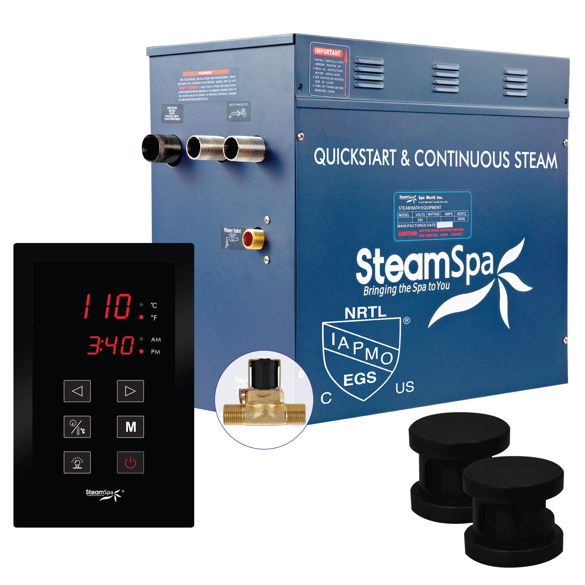 SteamSpa OAT1200-A Oasis 12 KW QuickStart Steam Bath Generator Package with Built-in Auto Drain Matte Black Steam Showers Steam Shower Kits