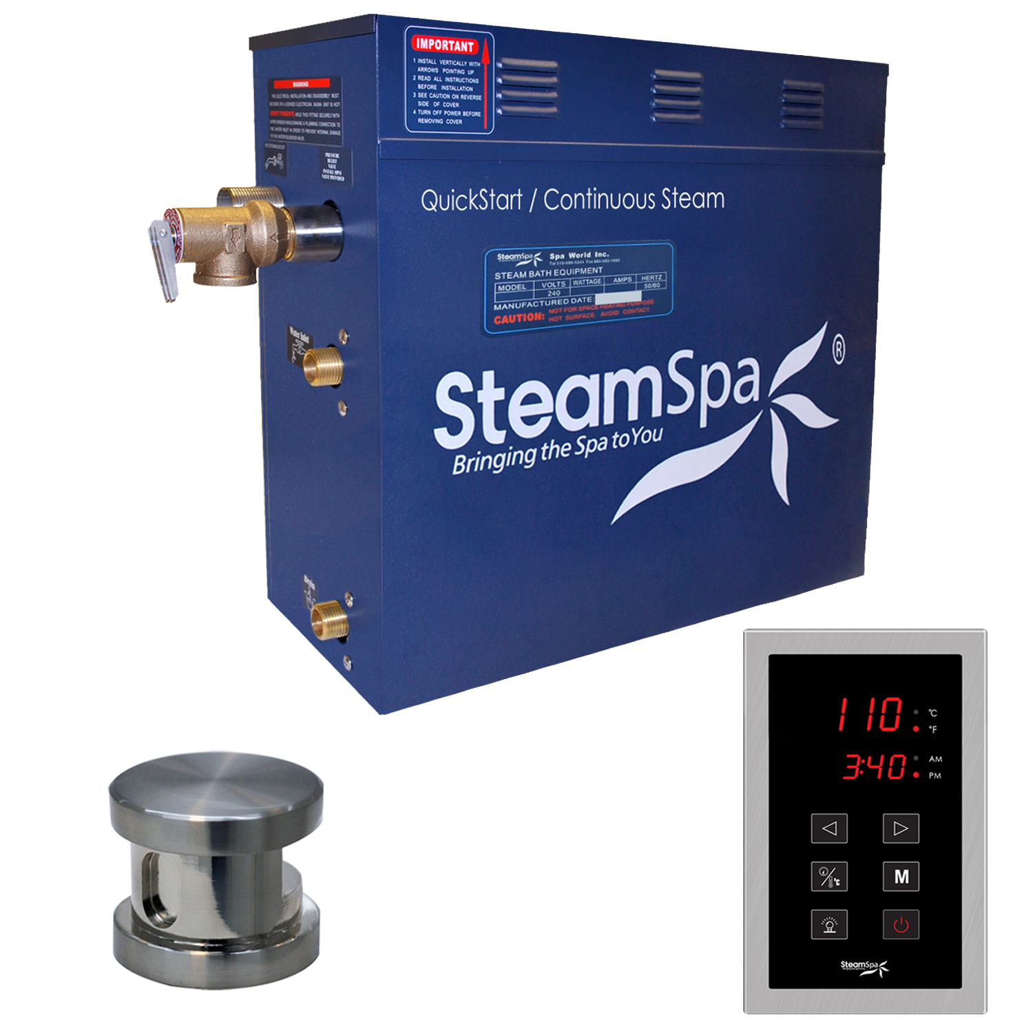 SteamSpa OAT600 Oasis 6 KW QuickStart Steam Bath Generator Package Brushed Nickel Steam Showers Steam Shower Kits