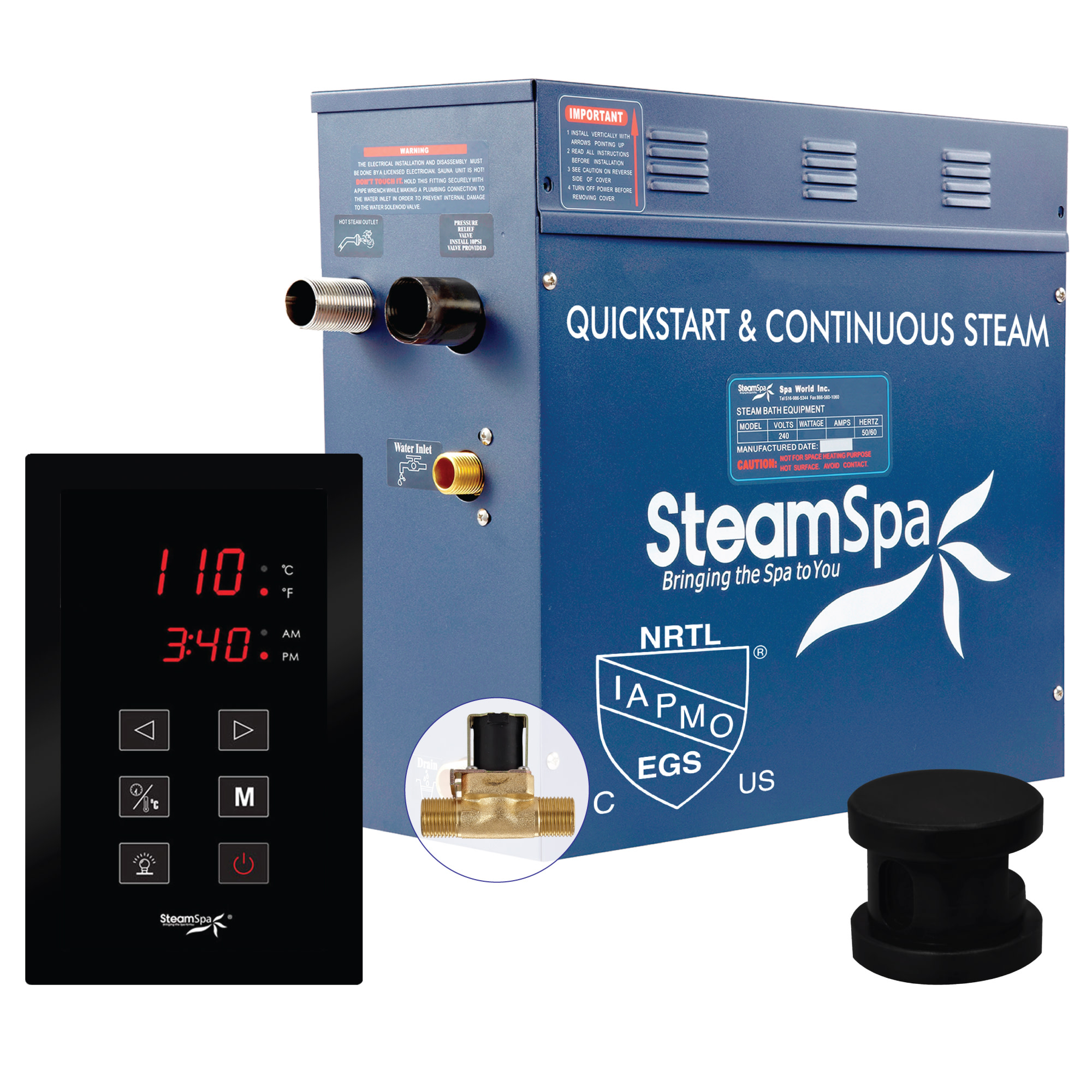 SteamSpa OAT600-A Oasis 6 KW QuickStart Steam Bath Generator Package with Built-in Auto Drain Matte Black Steam Showers Steam Shower Kits