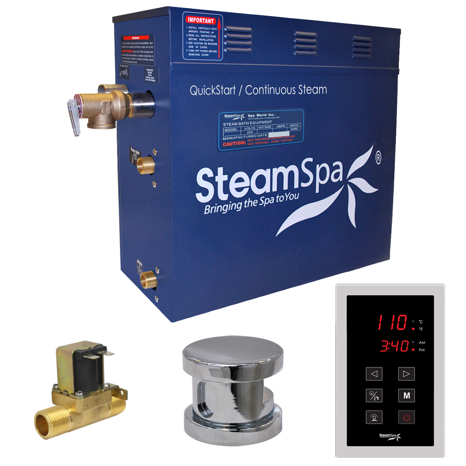 SteamSpa OAT750-A Oasis 7.5 KW QuickStart Steam Bath Generator Package with Built-in Auto Drain Polished Chrome Steam Showers Steam Shower Kits