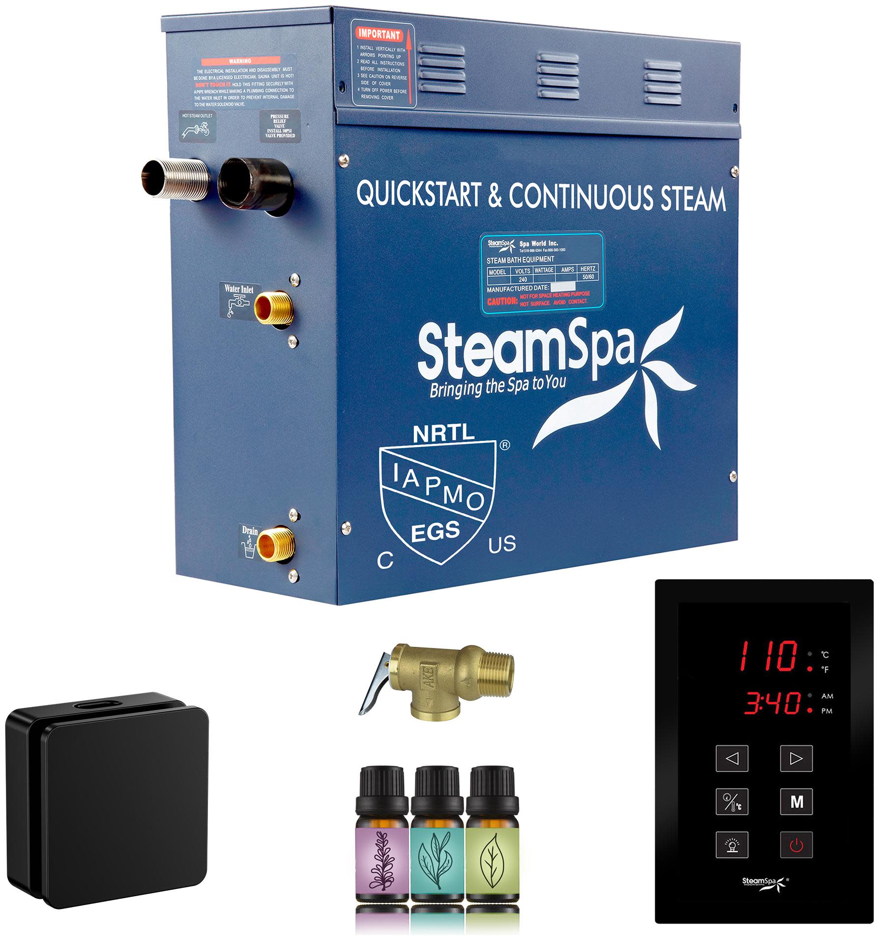 SteamSpa OATS750 Oasis 7.5 KW Steam Bath Generator with Continuous Steam Plus Easy Touch Pad Matte Black Steam Showers Steam Shower Components Steam