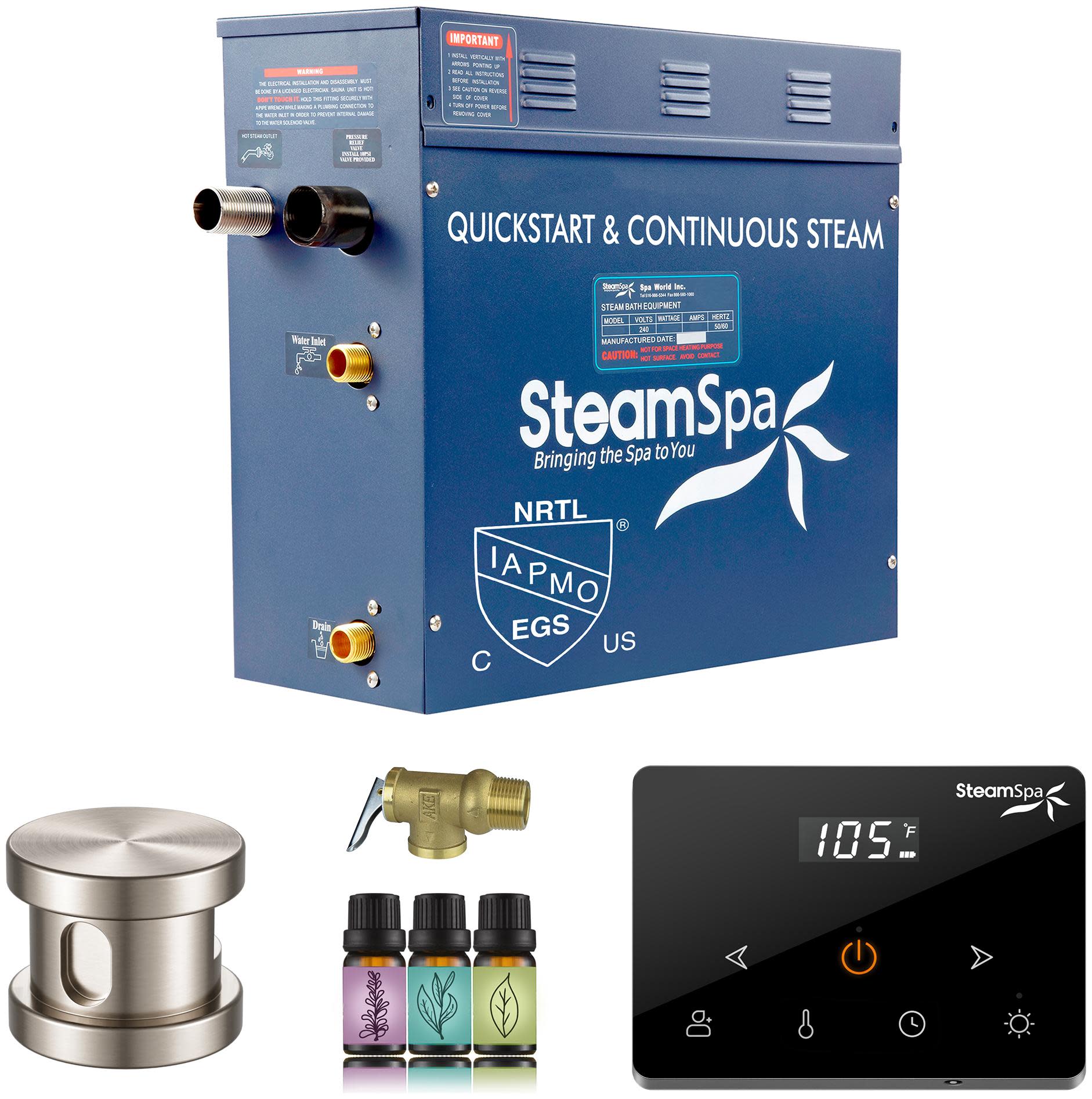 SteamSpa OAW900 Oasis 9 KW Steam Bath Generator with Continuous Steam Plus Fully Wireless Handheld Control Brushed Nickel Steam Showers Steam Shower