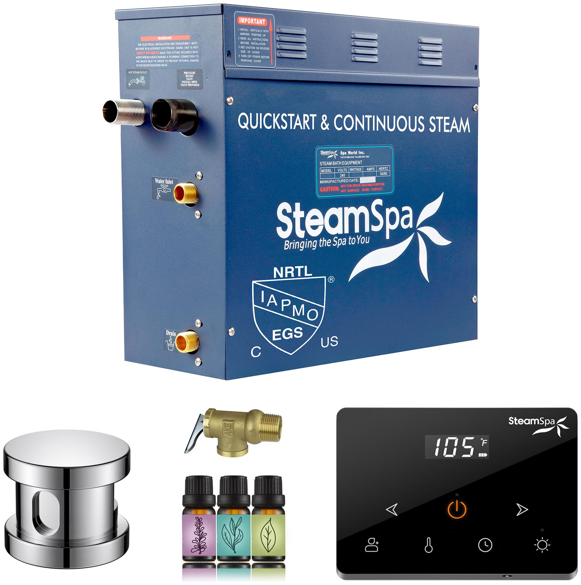 SteamSpa OAW900 Oasis 9 KW Steam Bath Generator with Continuous Steam Plus Fully Wireless Handheld Control Chrome Steam Showers Steam Shower