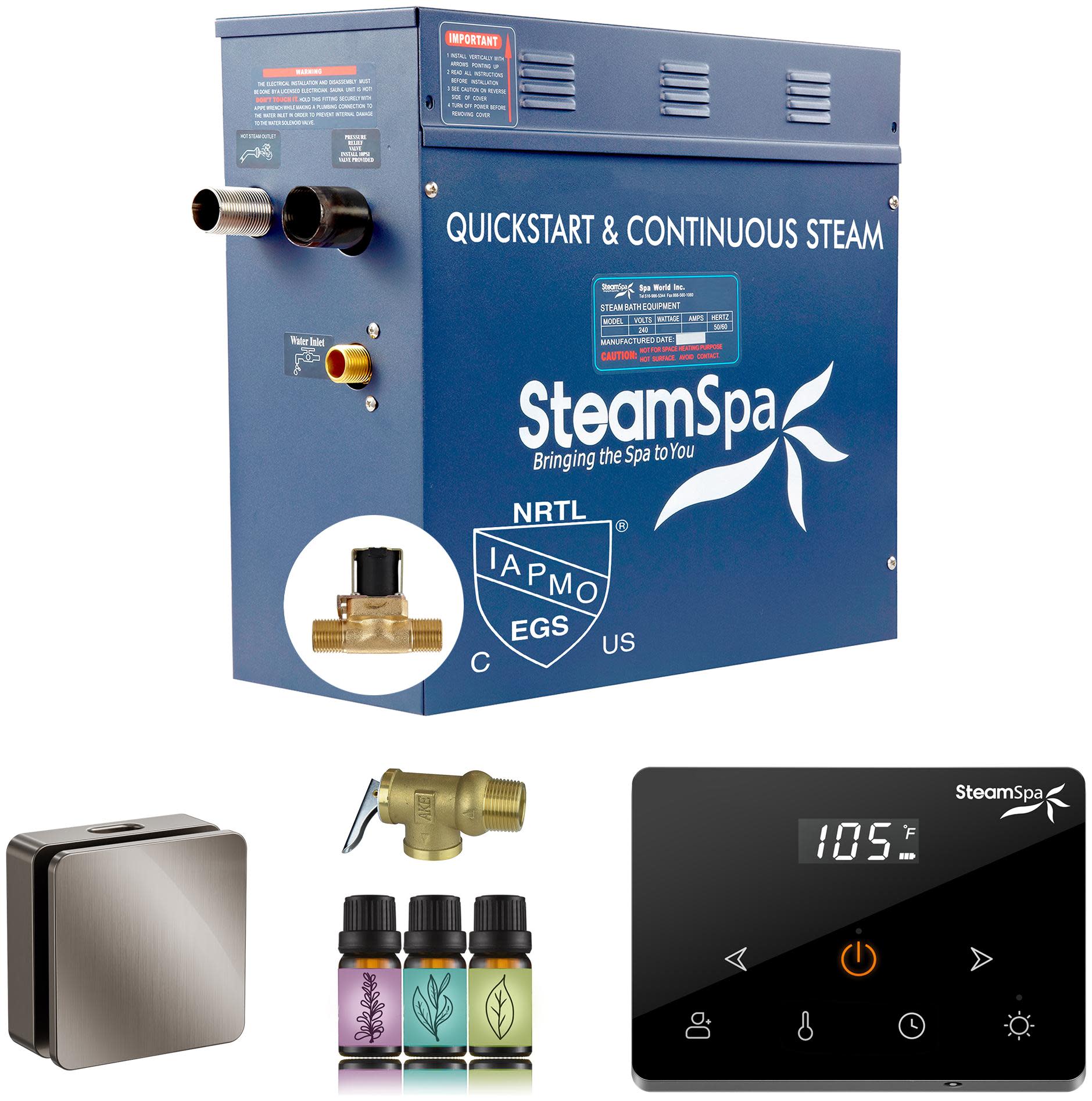 SteamSpa OAWS750-A Oasis 7.5 KW Steam Generator with Continuous Steam Wireless Control Auto-Drain and Square Steam Head Brushed Nickel Steam Showers