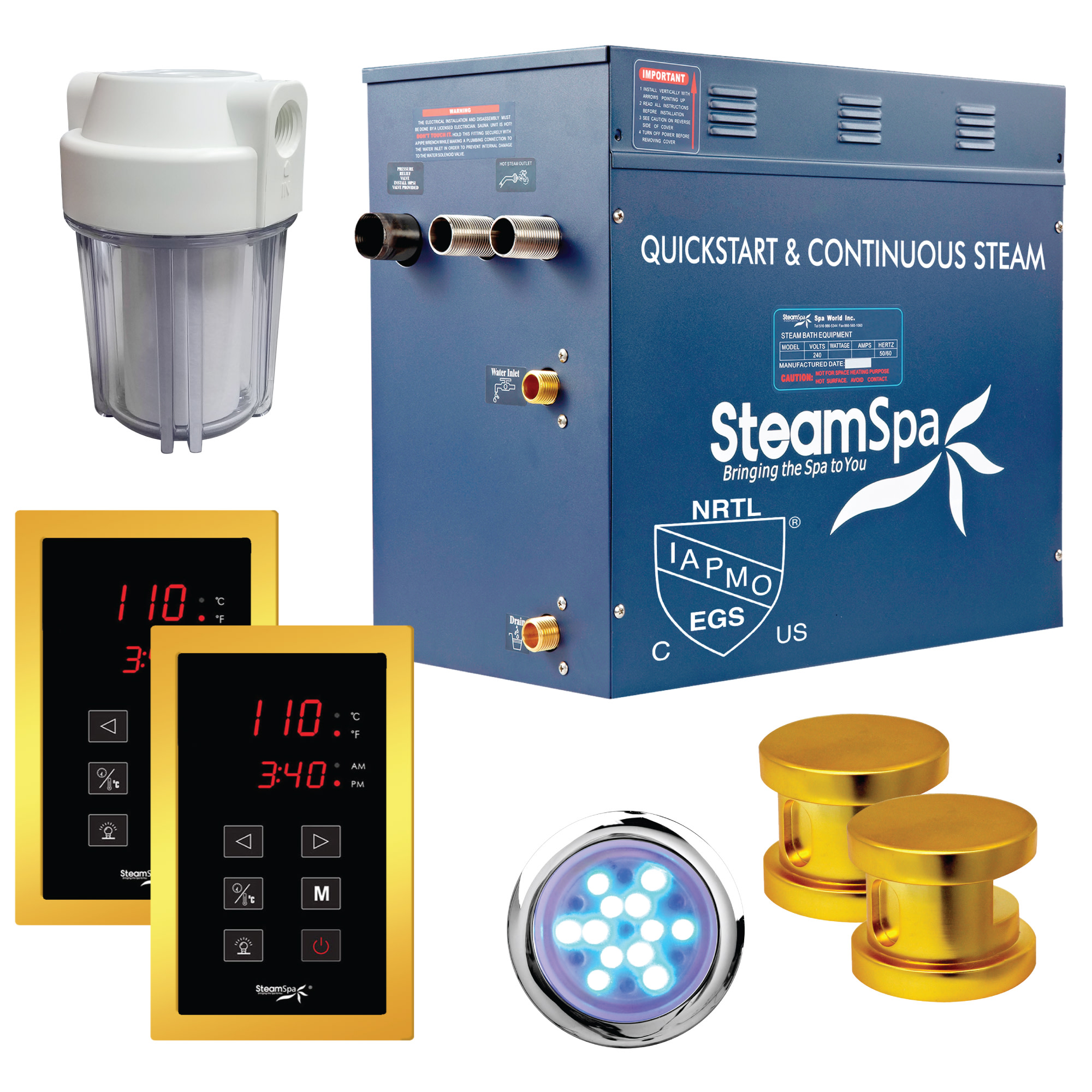 SteamSpa RYT1200 Royal 12 KW QuickStart Steam Bath Generator Package Gold Steam Showers Steam Shower Kits