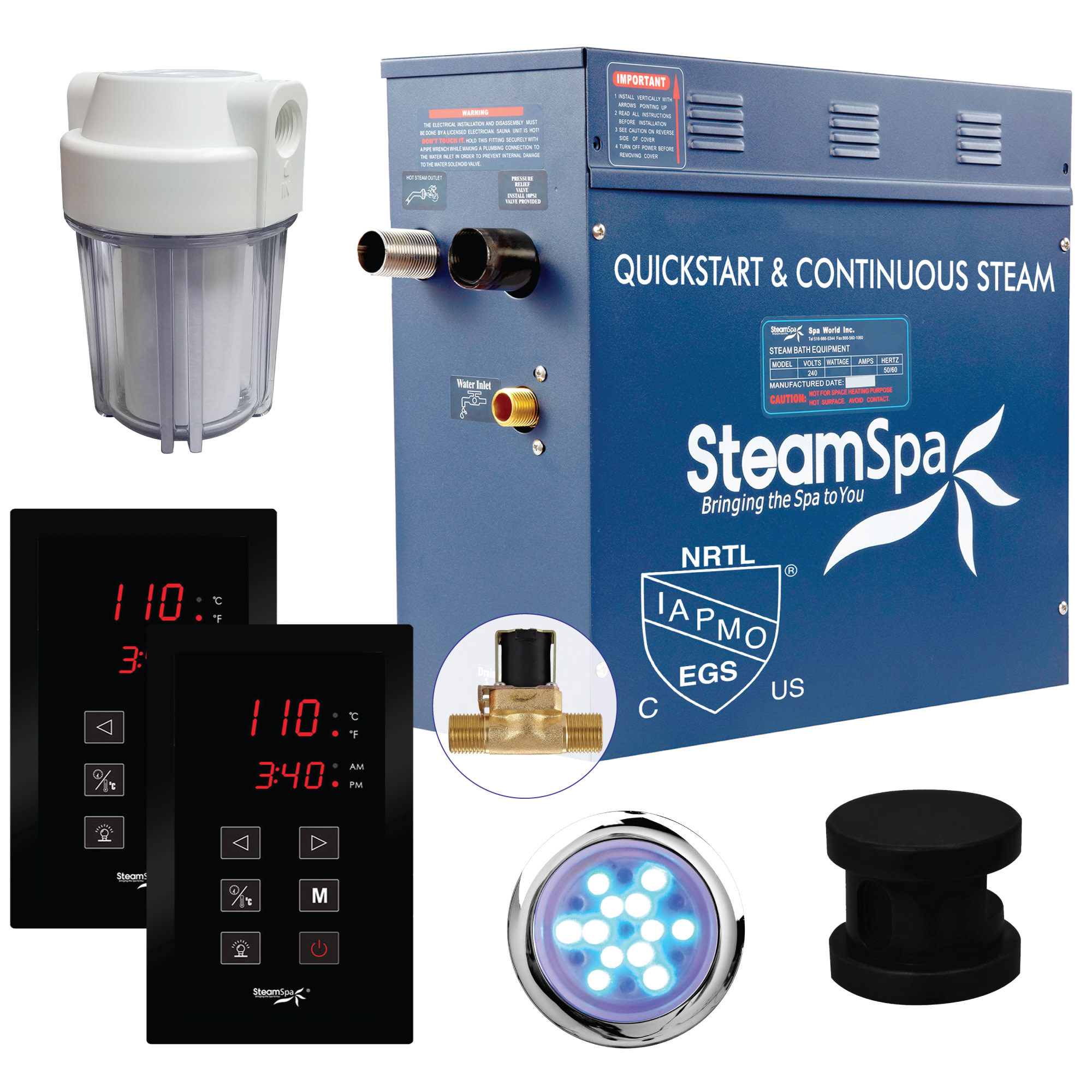 SteamSpa RYT450-A Royal 4.5 KW QuickStart Steam Bath Generator Package with Built-in Auto Drain Matte Black Steam Showers Steam Shower Kits