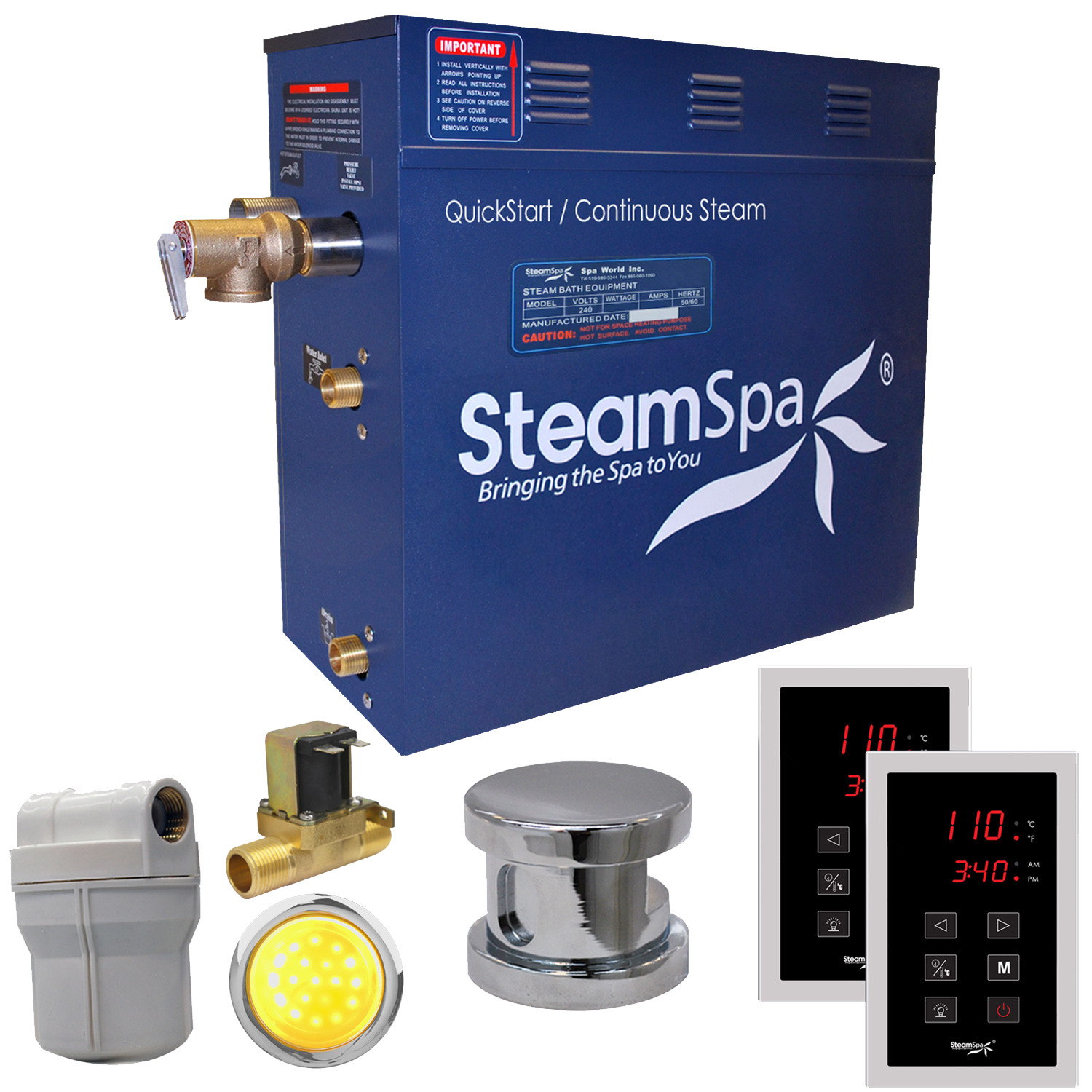 SteamSpa RYT600-A Royal 6 KW QuickStart Steam Bath Generator Package with Built-in Auto Drain Polished Chrome Steam Showers Steam Shower Kits