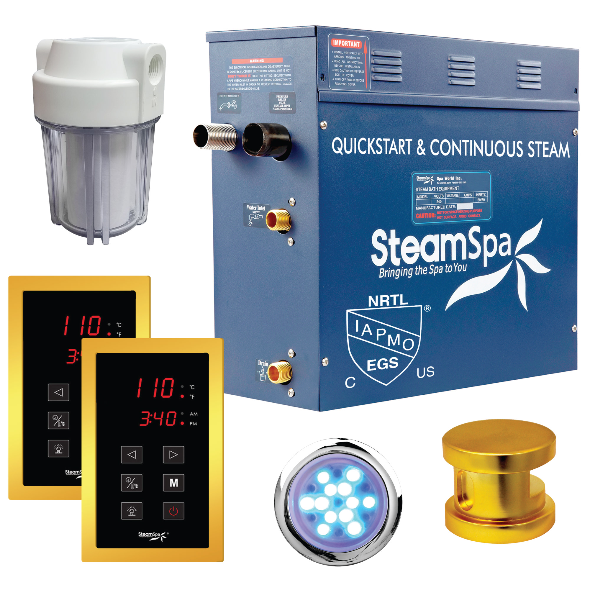 SteamSpa RYT750 Royal 7.5 KW QuickStart Steam Bath Generator Package Gold Steam Showers Steam Shower Kits