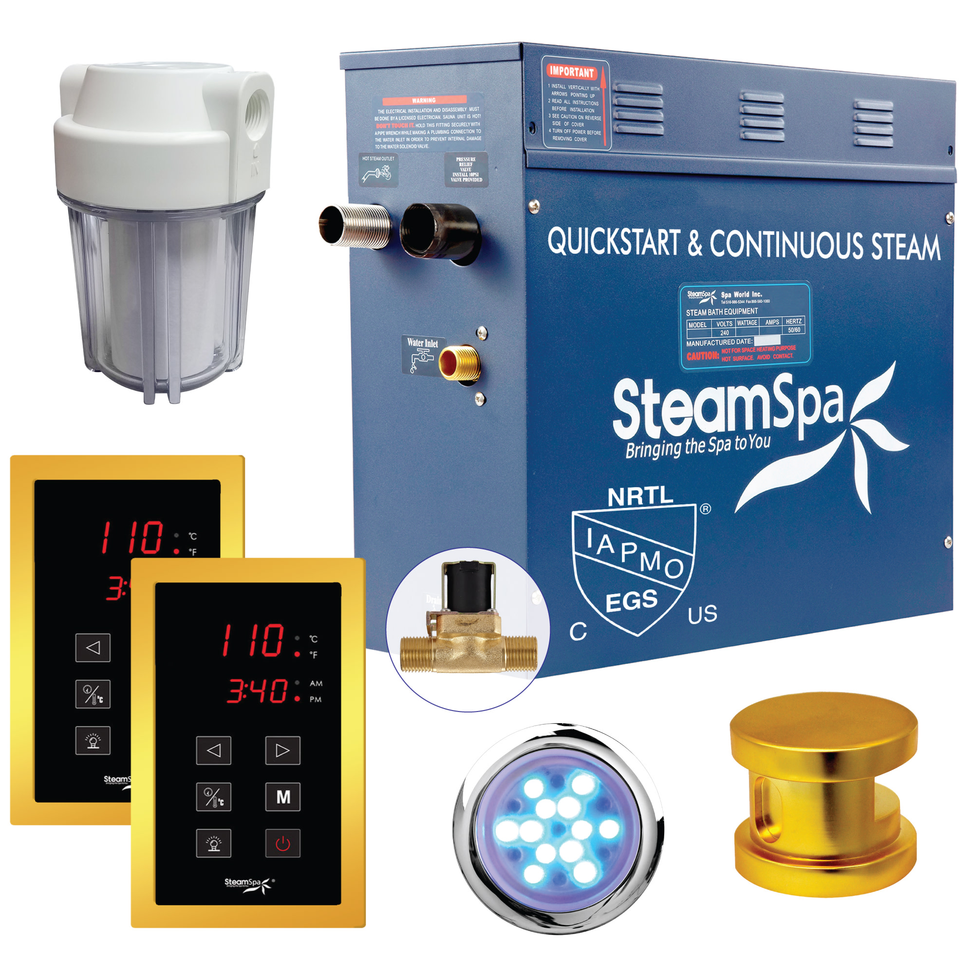 SteamSpa RYT900-A Royal 9 KW QuickStart Steam Bath Generator Package with Built-in Auto Drain Gold Steam Showers Steam Shower Kits