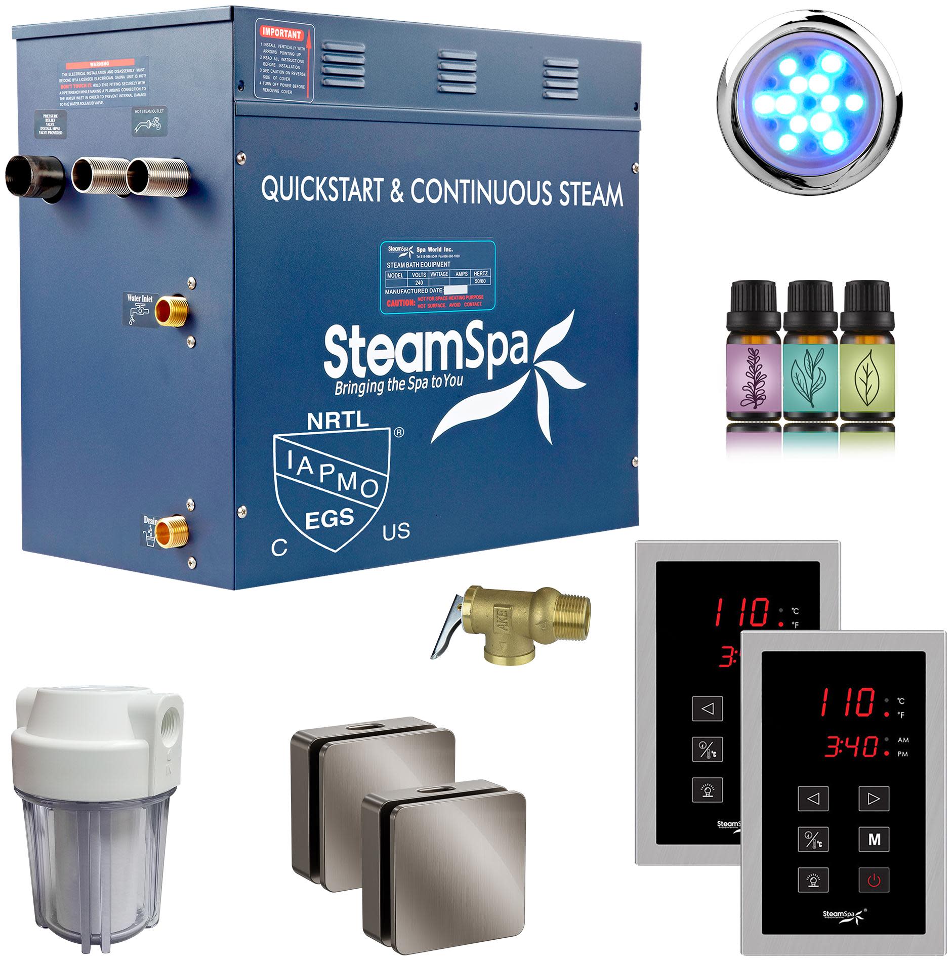 SteamSpa RYTS1050 Royal 10.5 KW Steam Bath Generator with Continuous Steam and Dual Easy Touch Control Pads Brushed Nickel Steam Showers Steam Shower