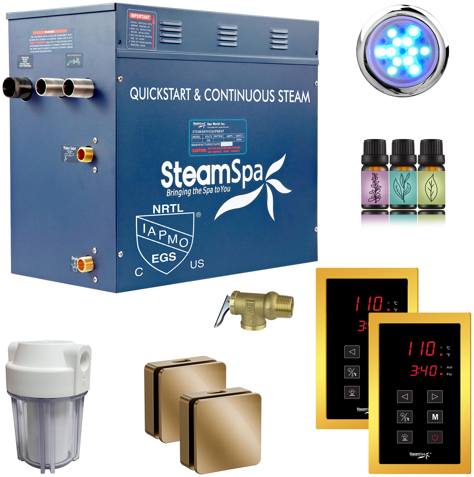 SteamSpa RYTS1200 Royal 12 KW Steam Bath Generator with Continuous Steam and Dual Easy Touch Control Pads Gold Steam Showers Steam Shower Components