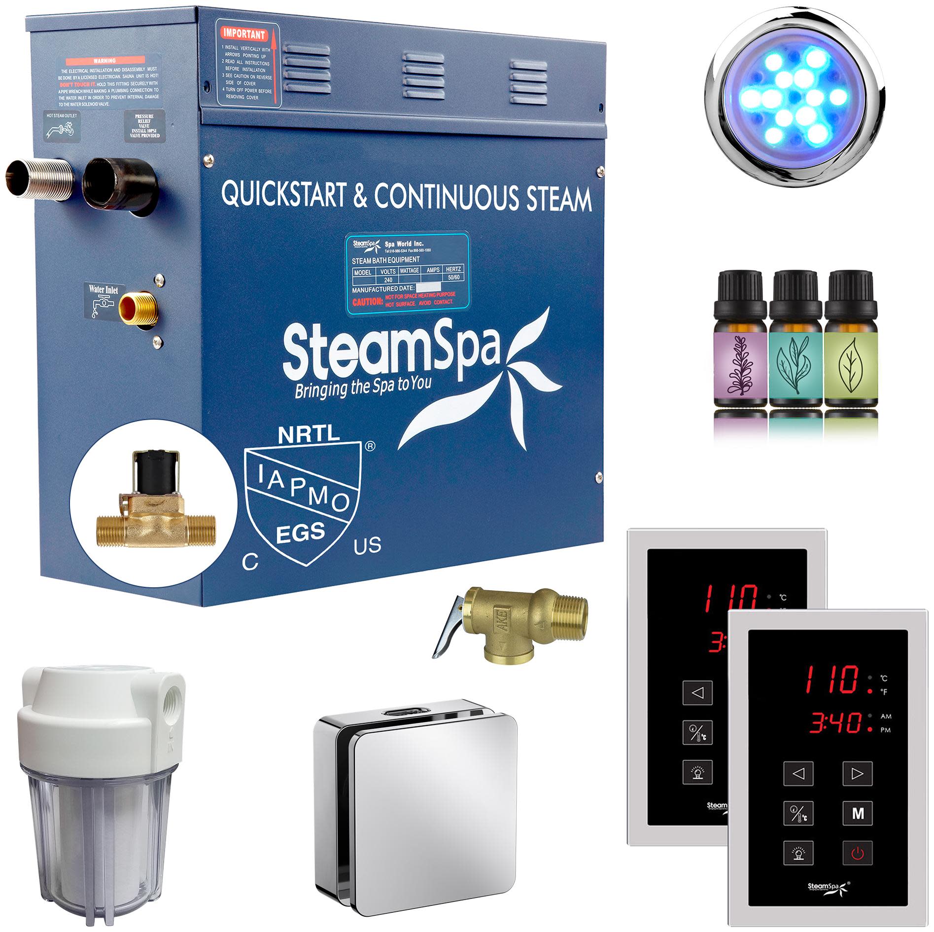 SteamSpa RYTS900-A Royal 9 KW Steam Bath Generator with Continuous Steam Dual Touch Pads Filter and AutoDrain Chrome Steam Showers Steam Shower