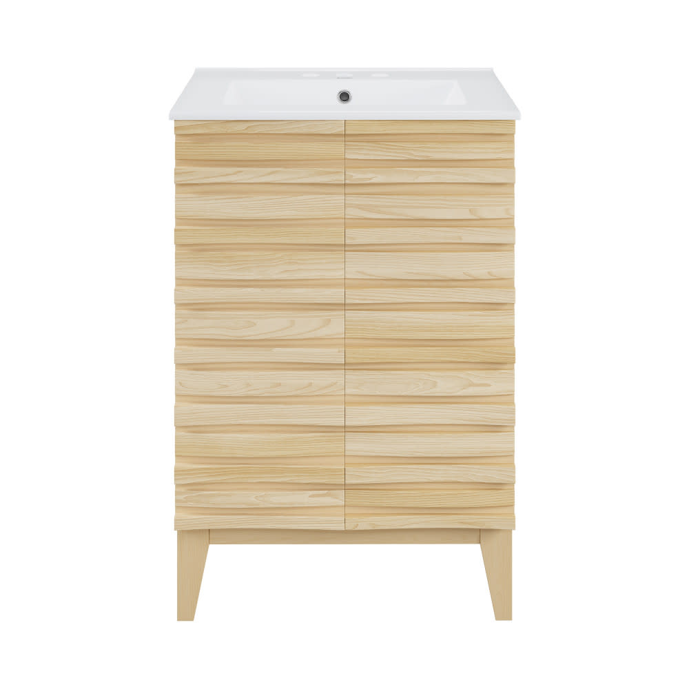 Swiss Madison SM-BV470-3 Cascade 24" Free Standing Single Basin Vanity Set with Cabinet and Ceramic Vanity Top Natural Oak / White Bathroom Storage