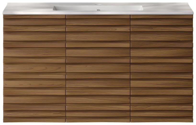 Swiss Madison SM-BV8602 Cascade 36" Wall Mounted Single Basin Vanity Set with Cabinet and Ceramic Vanity Top Brown Oak / Glossy White Bathroom Storage