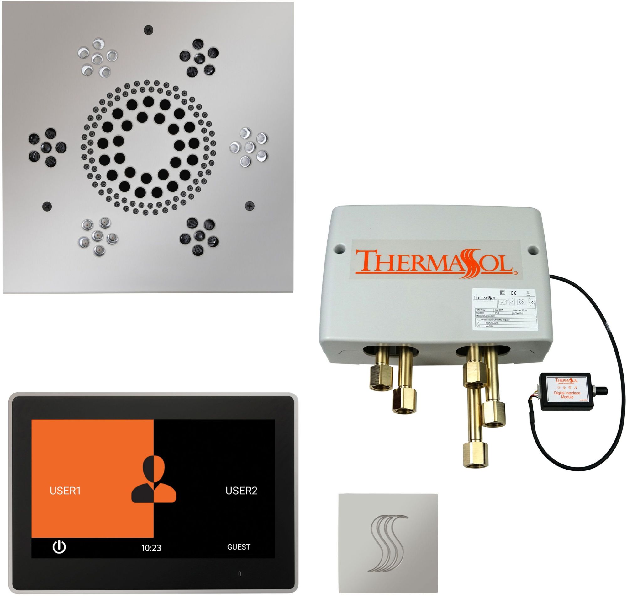 ThermaSol TWP10US ThermaTouch Steam Shower Kit - Includes 10" Control Panel Square Light and Sound Shower Head Square Steam Head and Digital Shower