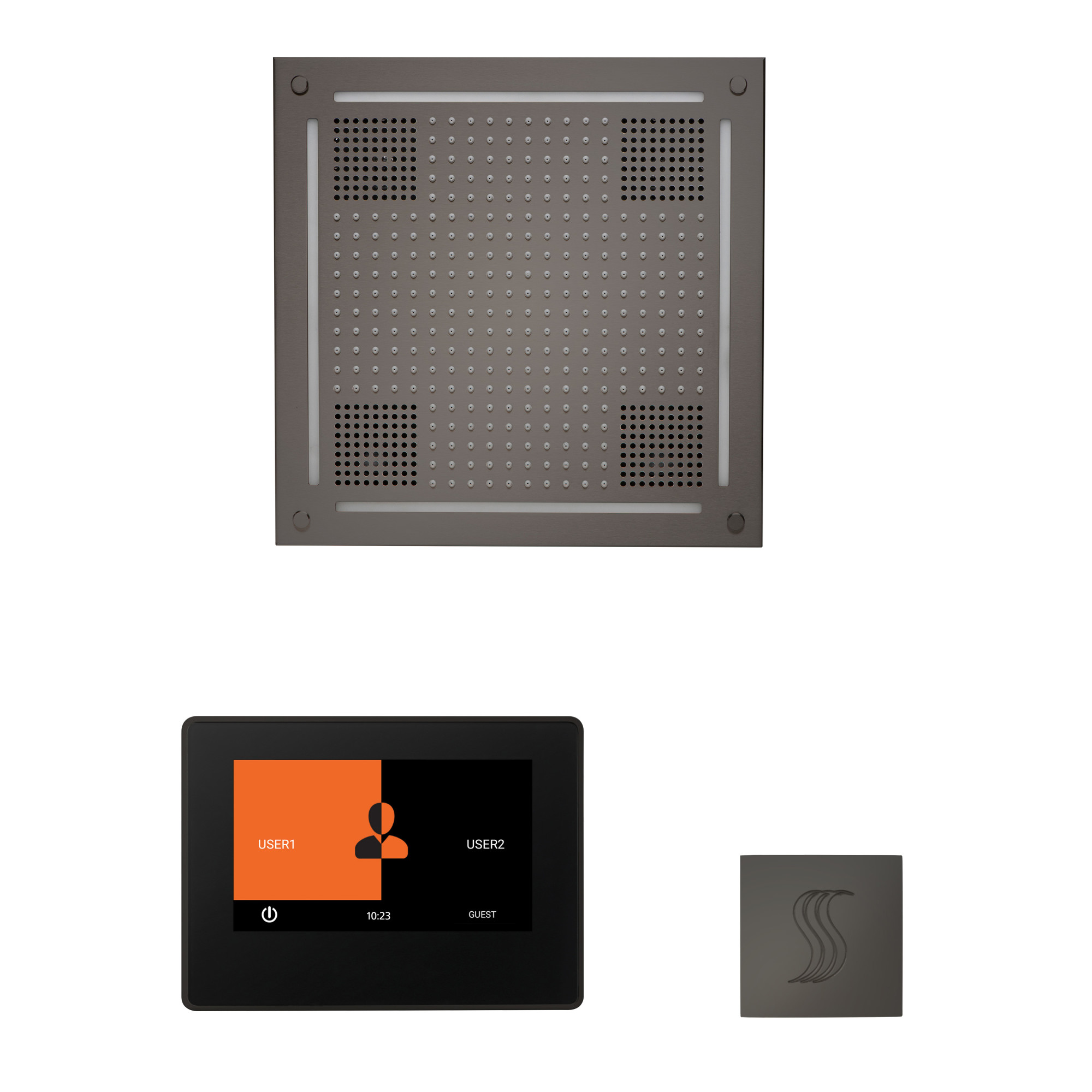 ThermaSol WHSTP7S ThermaTouch Steam Shower Kit - Includes 7" Touchscreen Control Panel Square Light and Sound Shower Head and Square Steam Head Black