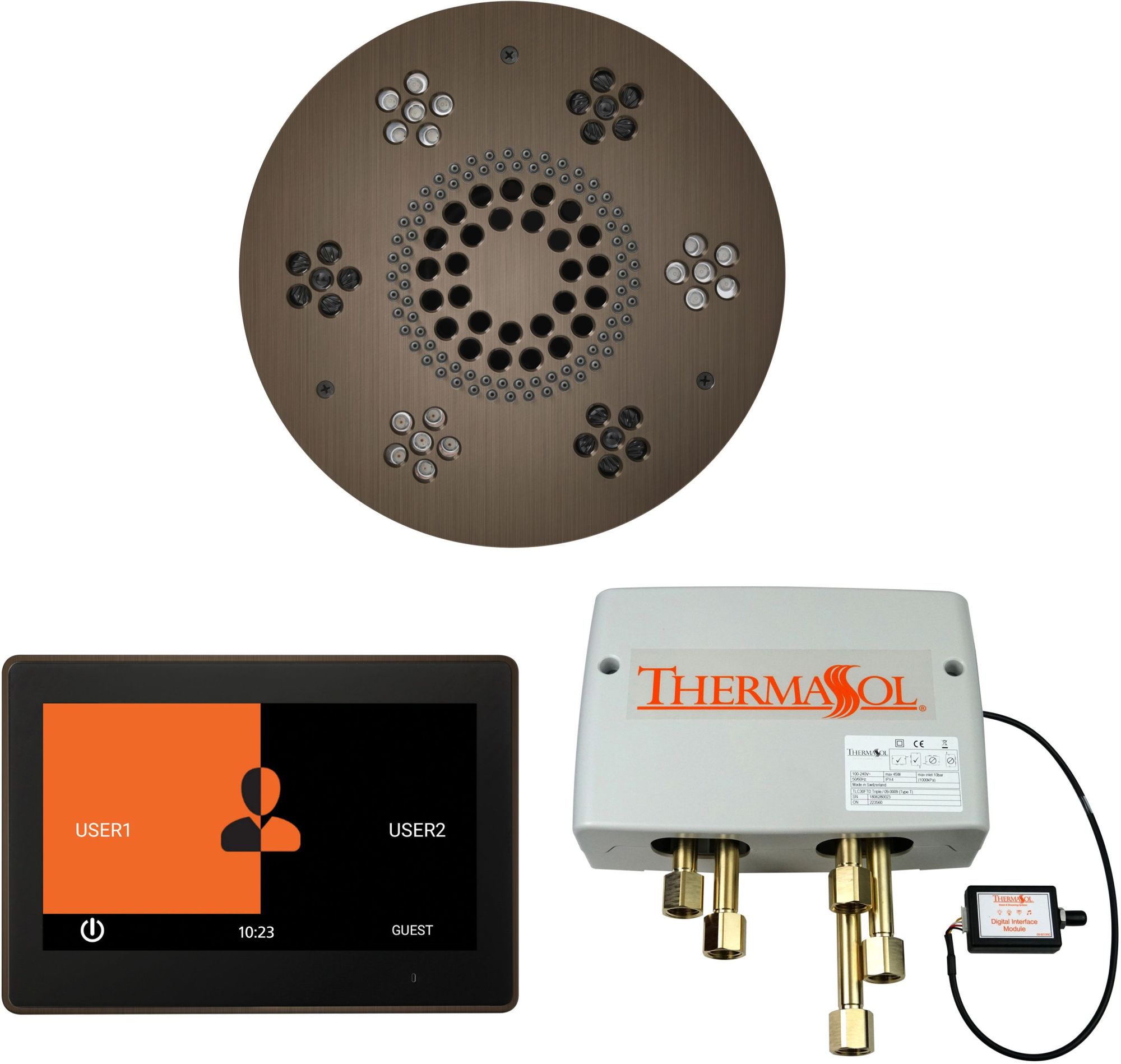ThermaSol WSP10R ThermaTouch Steam Shower Kit - Includes 10" Control Panel Round Light and Sound Shower Head and Digital Shower Valve Antique Nickel