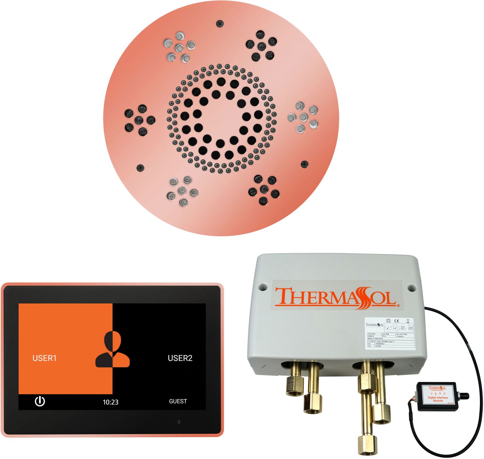 ThermaSol WSP10R ThermaTouch Steam Shower Kit - Includes 10" Control Panel Round Light and Sound Shower Head and Digital Shower Valve Copper Steam
