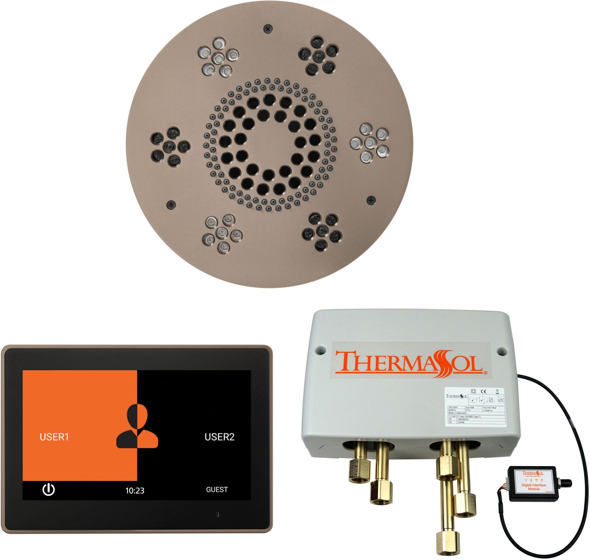 ThermaSol WSP10R ThermaTouch Steam Shower Kit - Includes 10" Control Panel Round Light and Sound Shower Head and Digital Shower Valve Satin Nickel