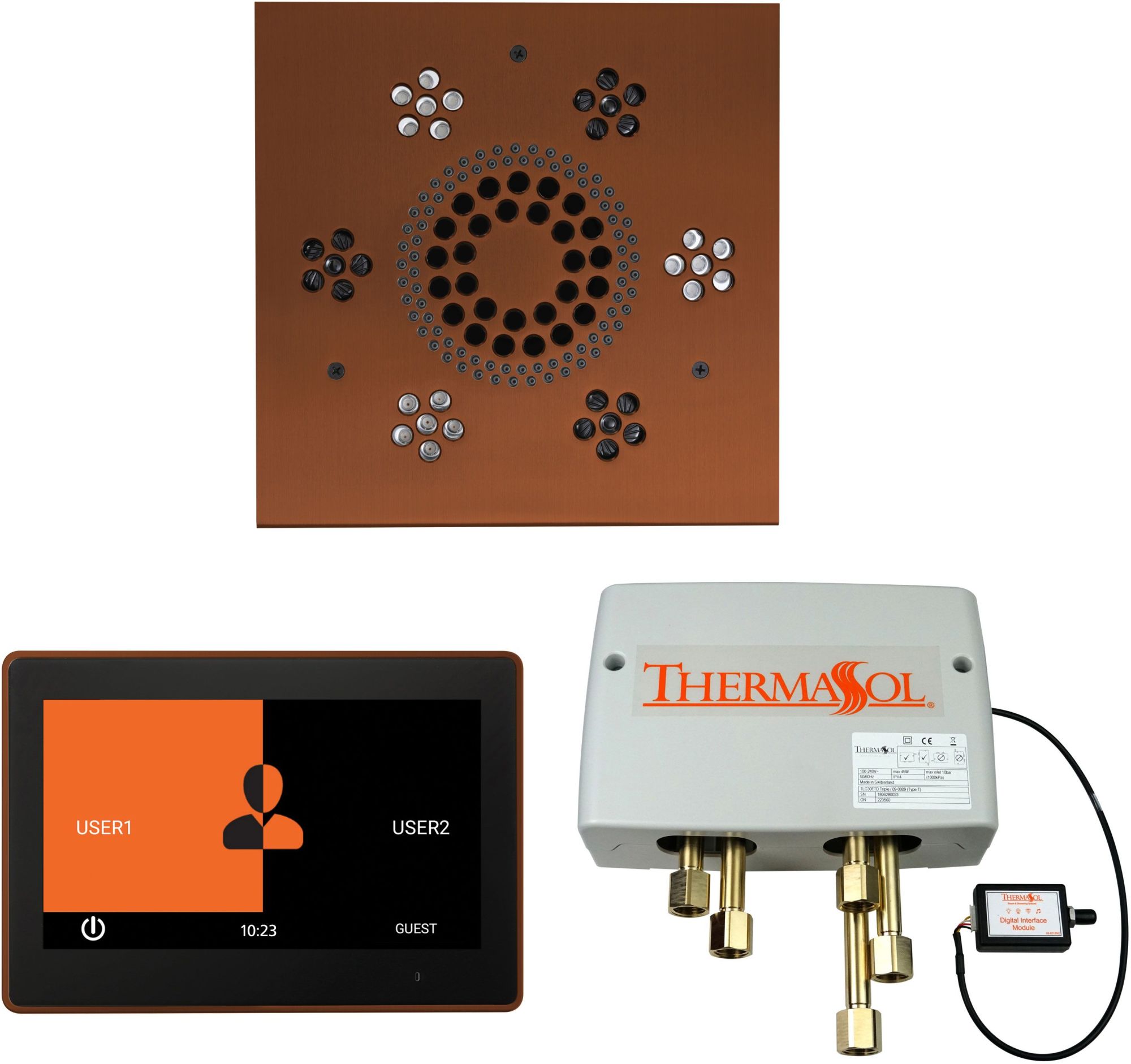 ThermaSol WSP10S ThermaTouch Steam Shower Kit - Includes 10" Control Panel Square Light and Sound Shower Head and Digital Shower Valve Antique
