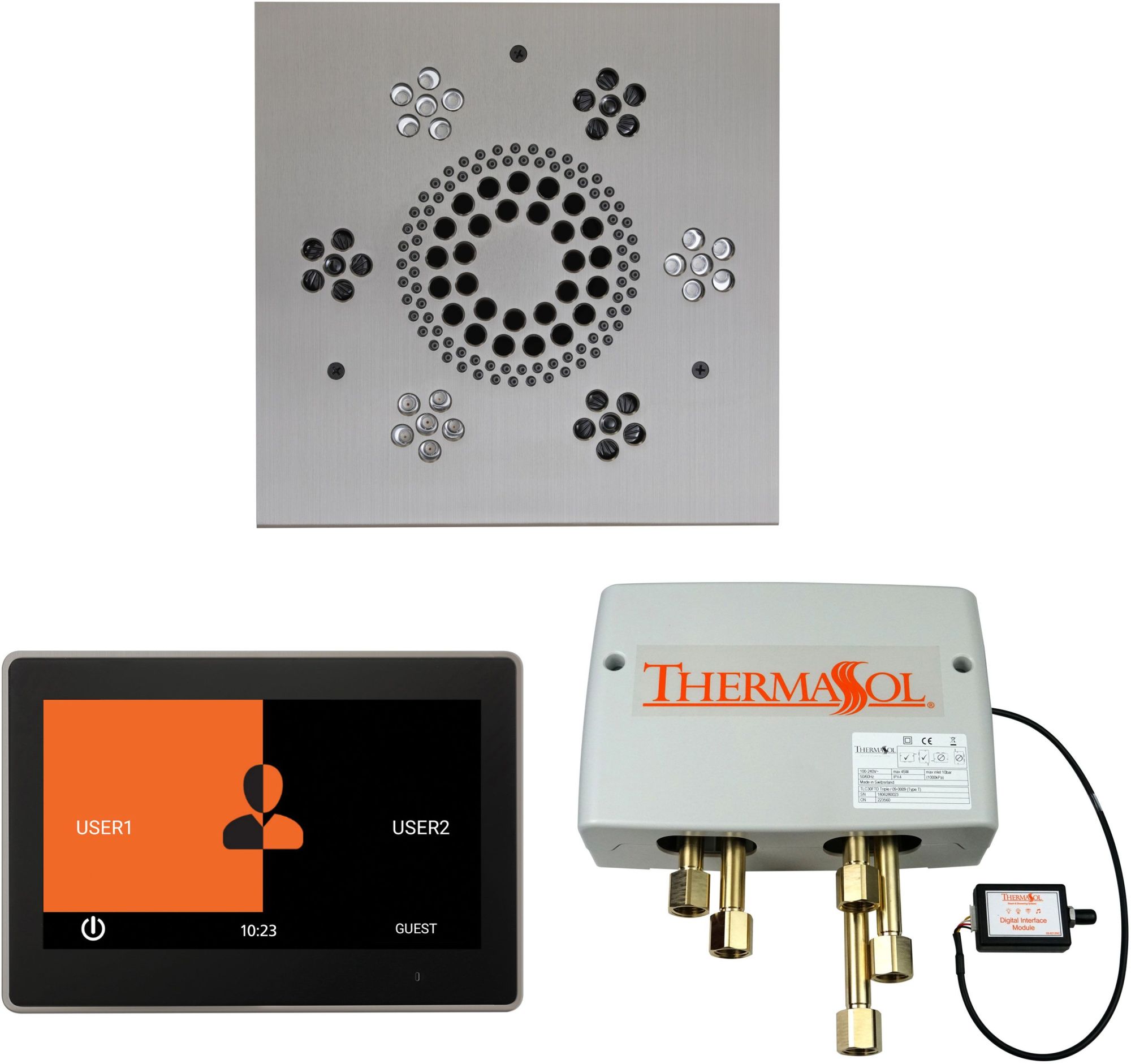 ThermaSol WSP10S ThermaTouch Steam Shower Kit - Includes 10" Control Panel Square Light and Sound Shower Head and Digital Shower Valve Satin Chrome