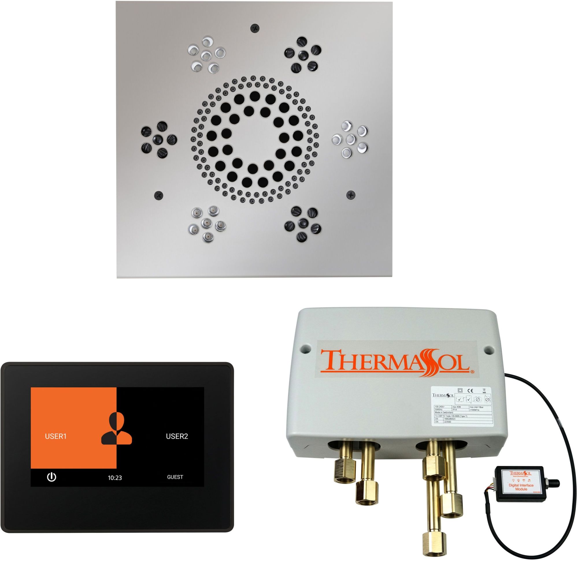 ThermaSol WSP7S ThermaTouch Steam Shower Kit - Includes 8" Control Panel Square Light and Sound Shower Head and Digital Shower Valve Black /