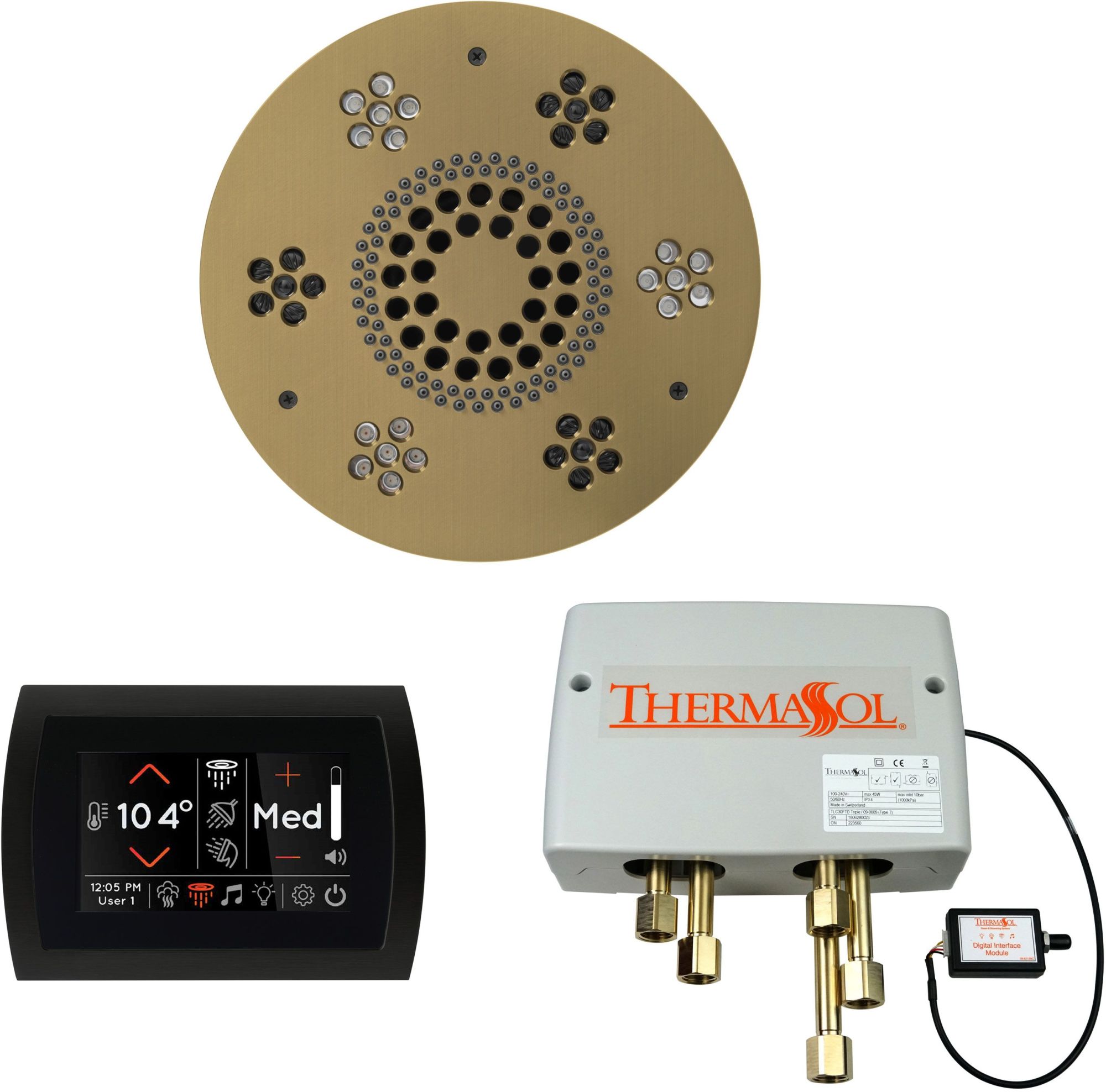 ThermaSol WSPSR SignaTouch Steam Shower Kit - Includes Control Panel Round Light and Sound Shower Head and Digital Shower Valve Black / Satin Brass
